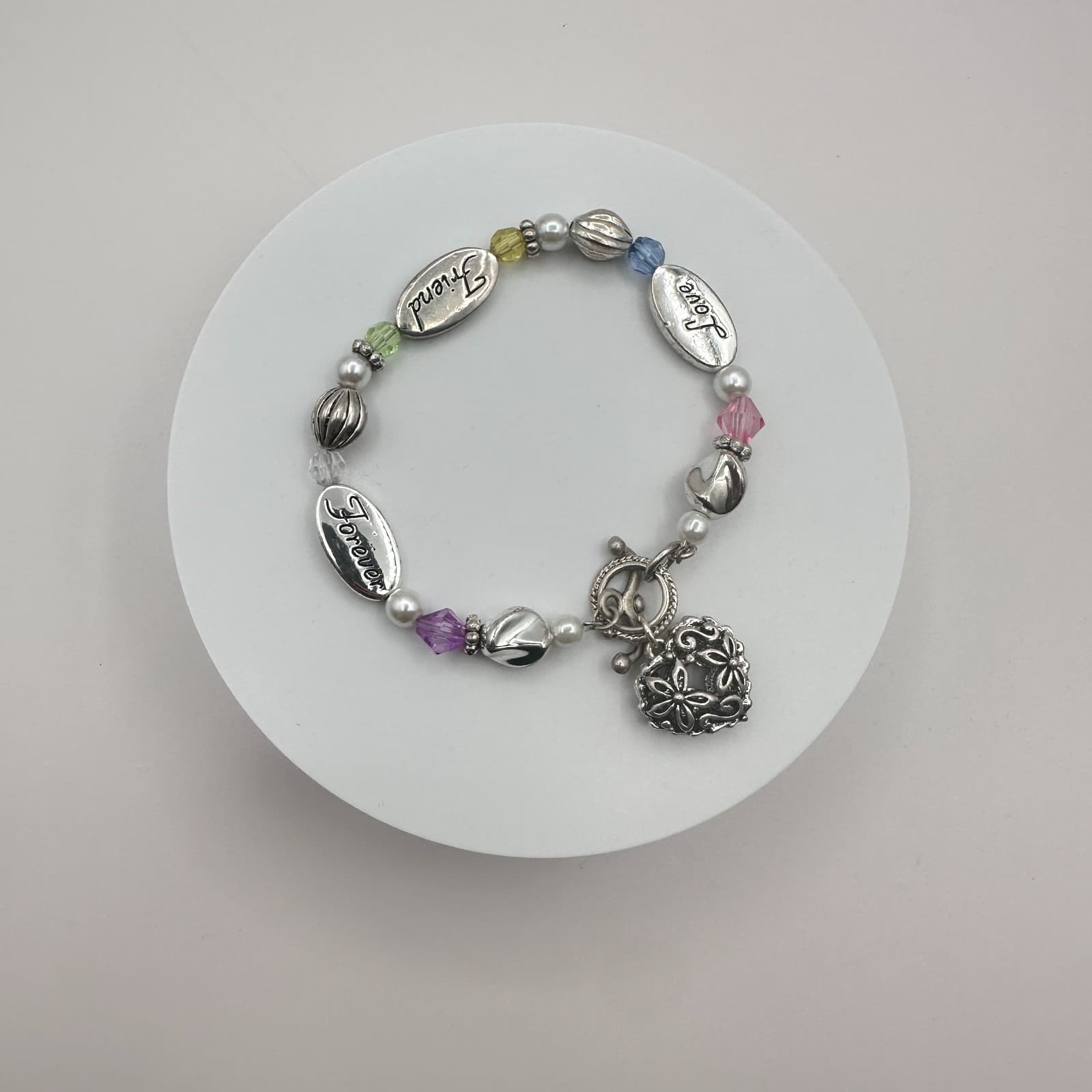 Vintage 90s Silver Tone Beaded Engraved Heart Charm Bracelet Women's Jewelry - Thumbnail 2