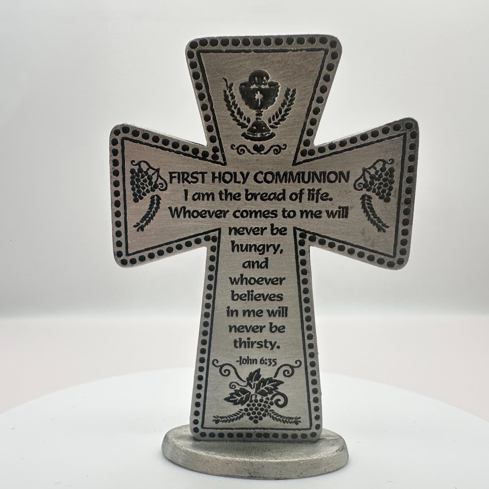VTG 90s CAMCO Silver Tone First Holy Communion Standing Metal Cross John 6:35 - Thumbnail 6