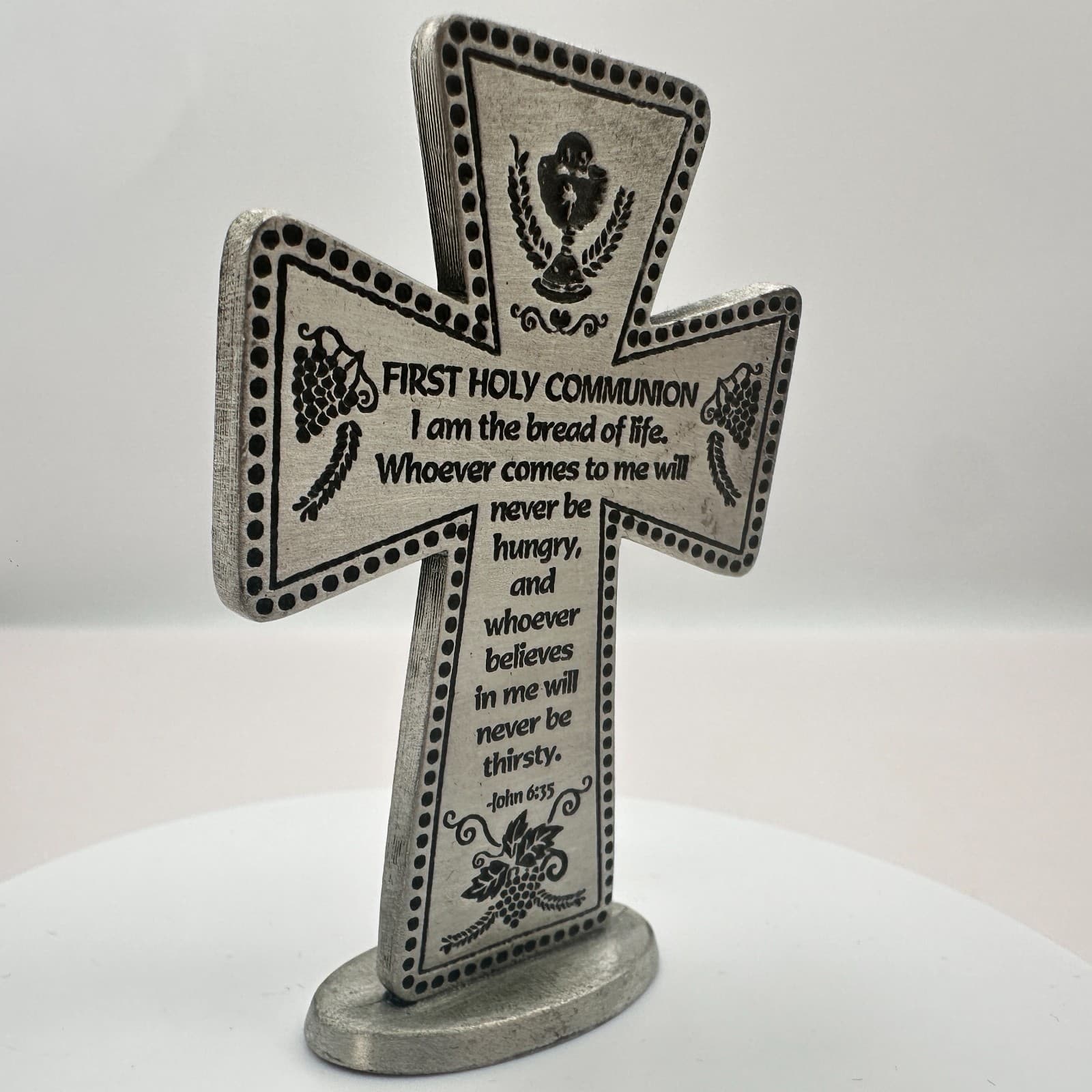 VTG 90s CAMCO Silver Tone First Holy Communion Standing Metal Cross John 6:35 - Thumbnail 2