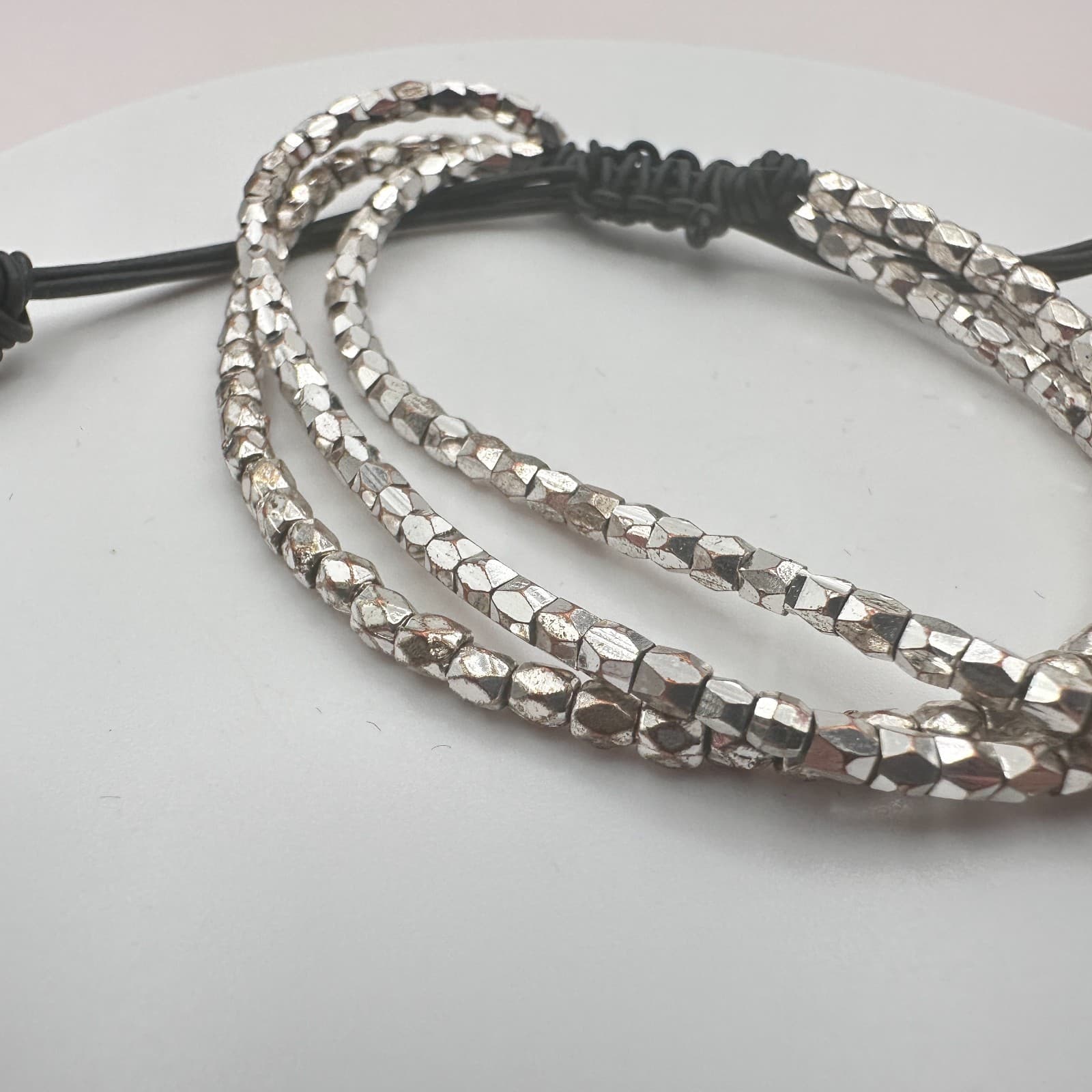 Vintage Y2K Silver Tone Multi Strand Black Cord Beaded Bracelet Women's Jewelry - Thumbnail 3