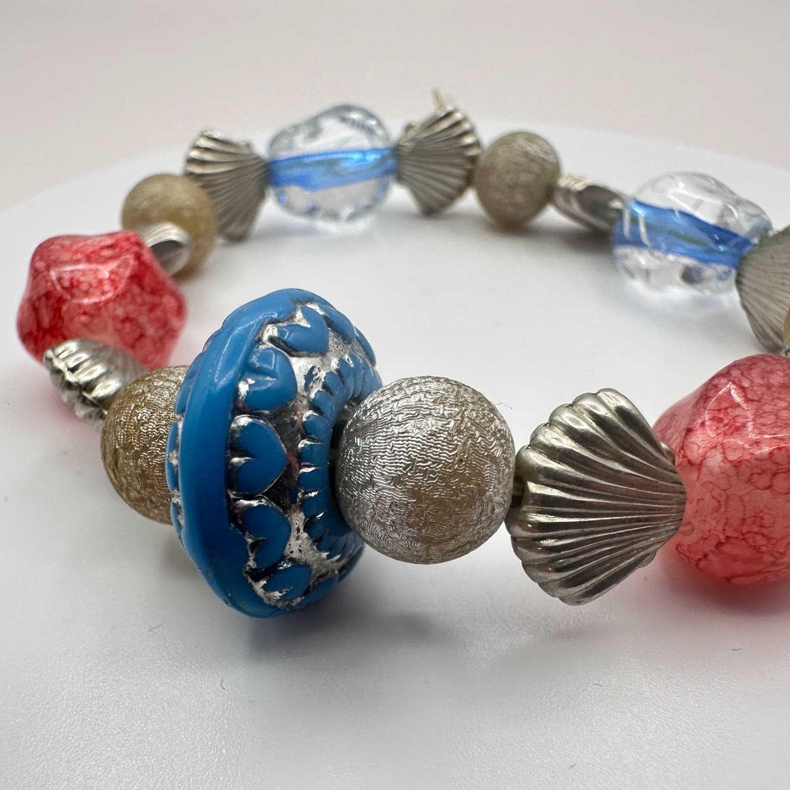Vintage Y2K Silver Tone Stretch Shell Beaded Bracelet Women's Classic Jewelry - Thumbnail 5