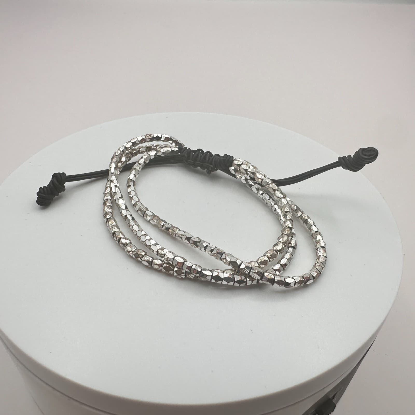 Vintage Y2K Silver Tone Multi Strand Black Cord Beaded Bracelet Women's Jewelry - Thumbnail 2