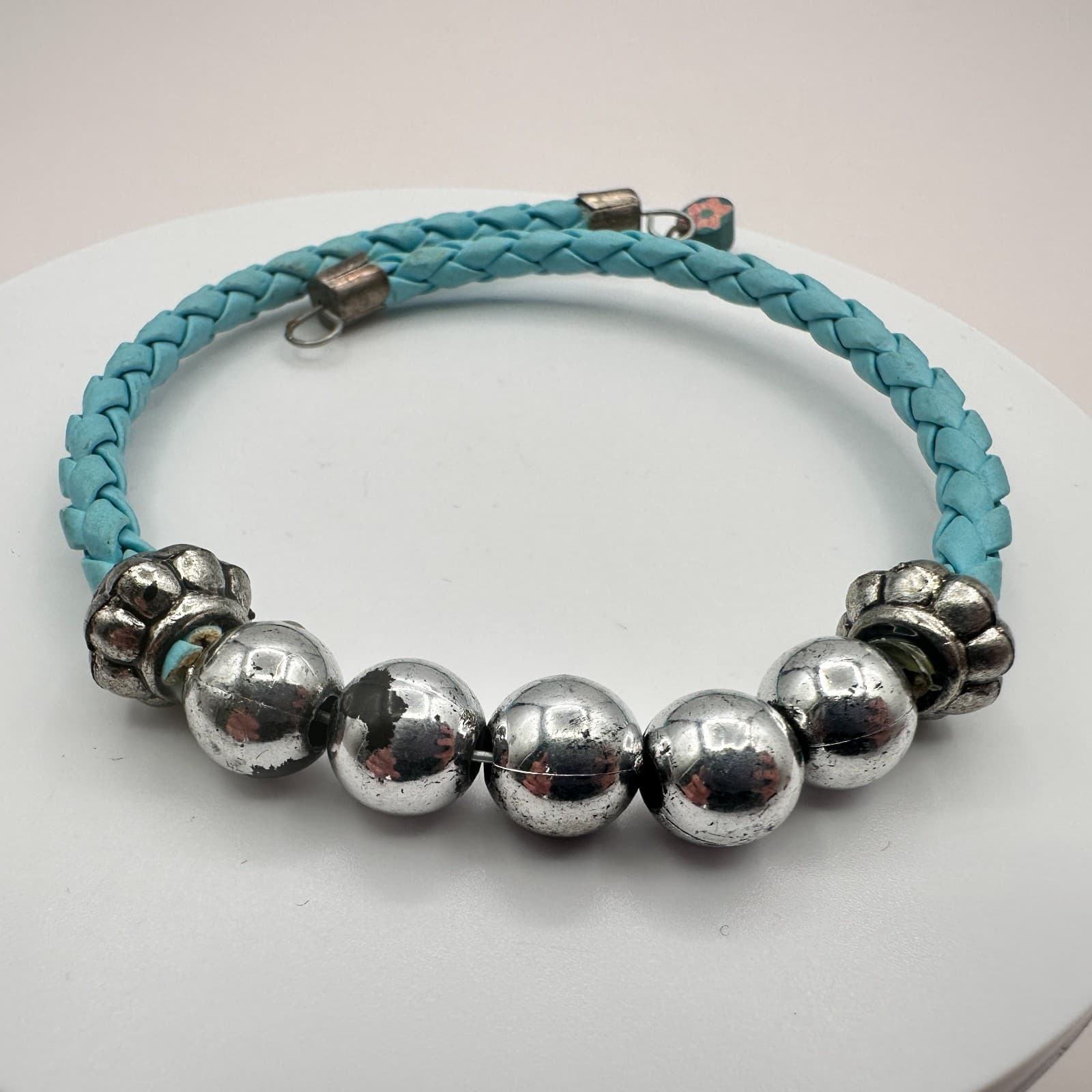 Vintage Y2K Silver Tone Beaded Leather Braided Bracelet Women's Classic Jewelry - Thumbnail 3