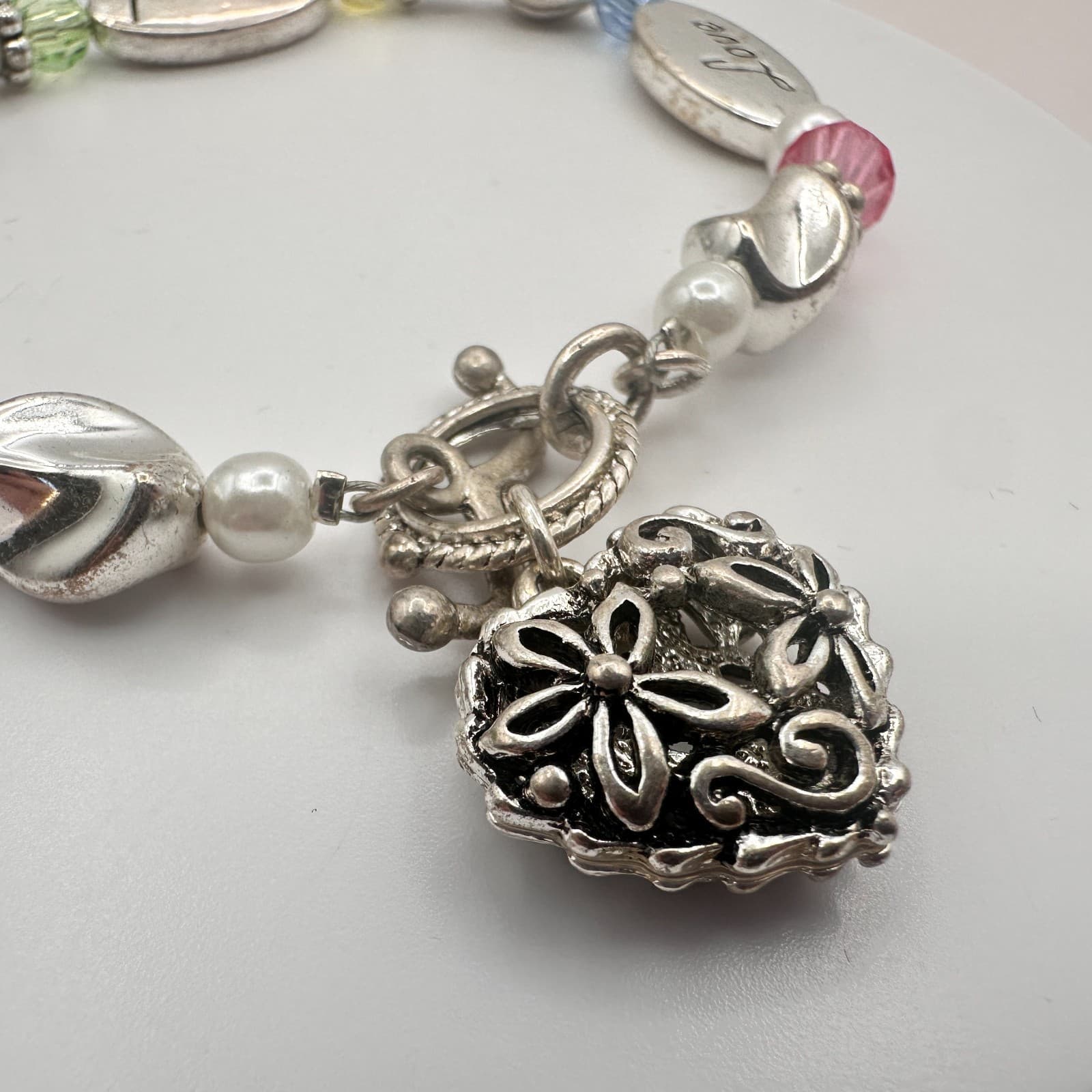 Vintage 90s Silver Tone Beaded Engraved Heart Charm Bracelet Women's Jewelry - Thumbnail 3