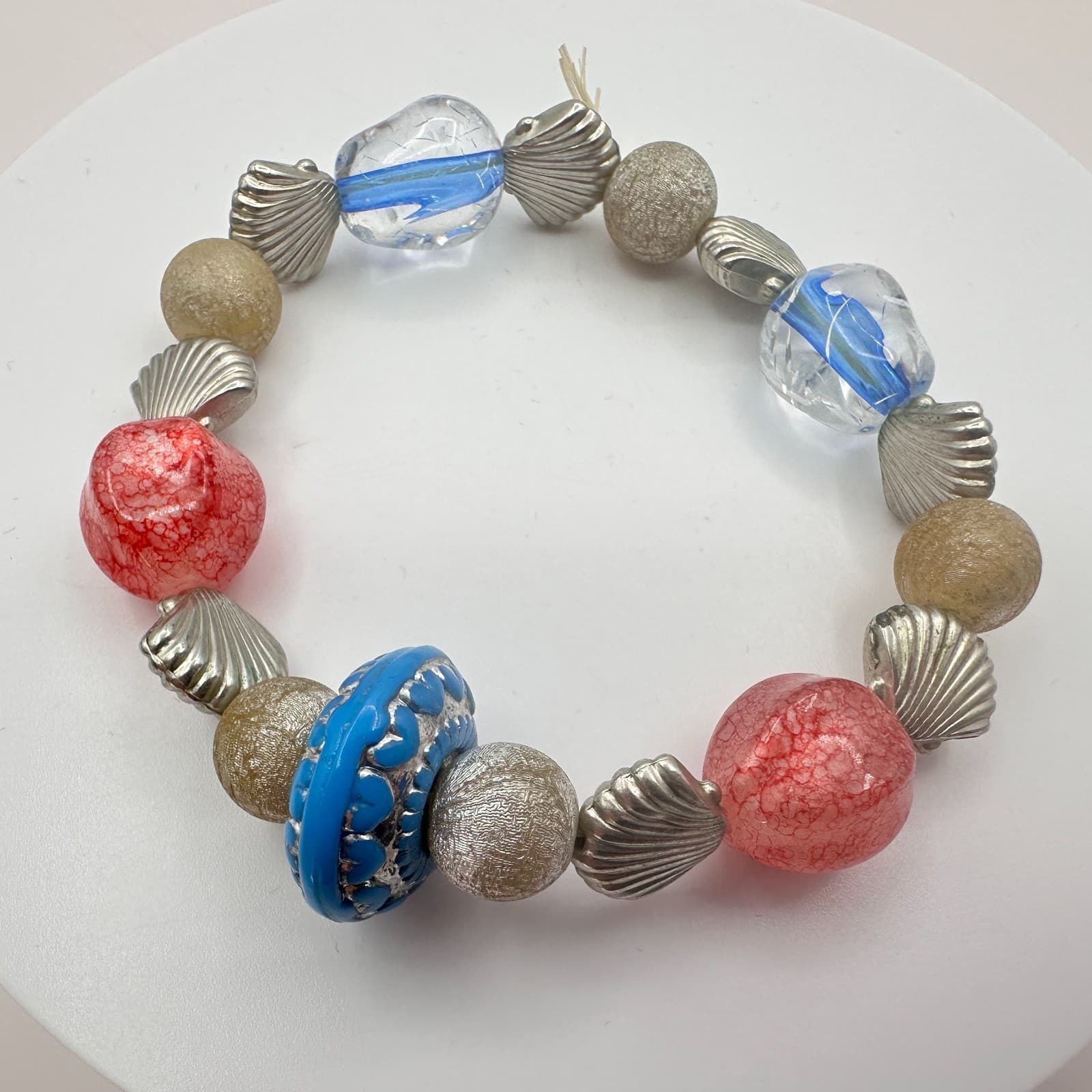 Vintage Y2K Silver Tone Stretch Shell Beaded Bracelet Women's Classic Jewelry - Thumbnail 4