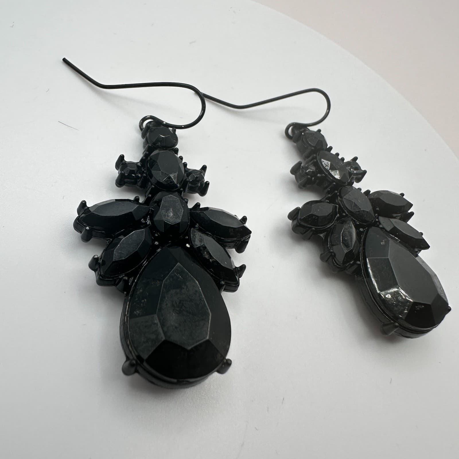 Vintage 90s Black Glass Stone Cluster Chandelier Earrings Statement Jewelry - Thumbnail 4