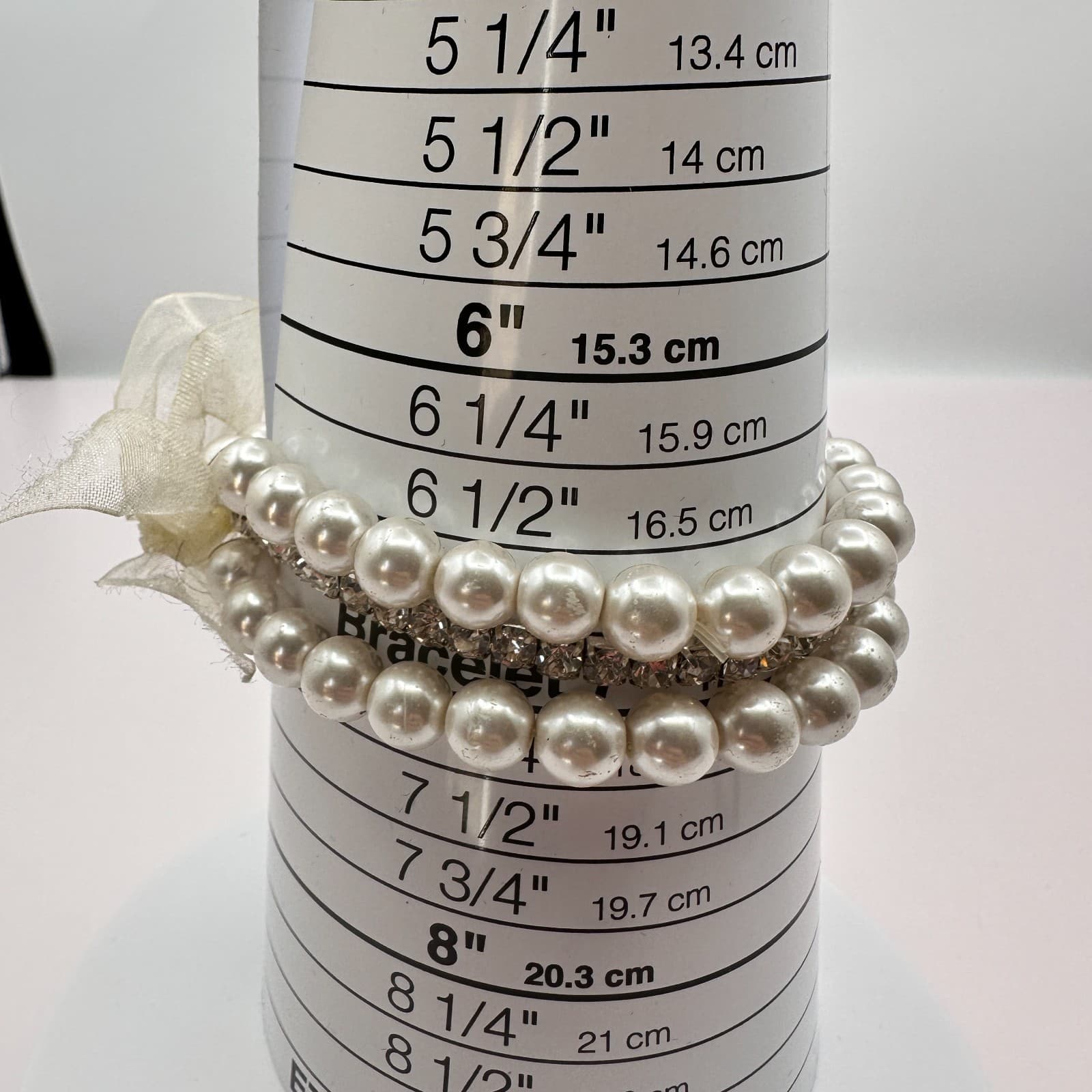 Vintage Y2K Silver Tone Rhinestone Faux Pearl Beaded Ribbon Bracelet Jewelry - Thumbnail 7