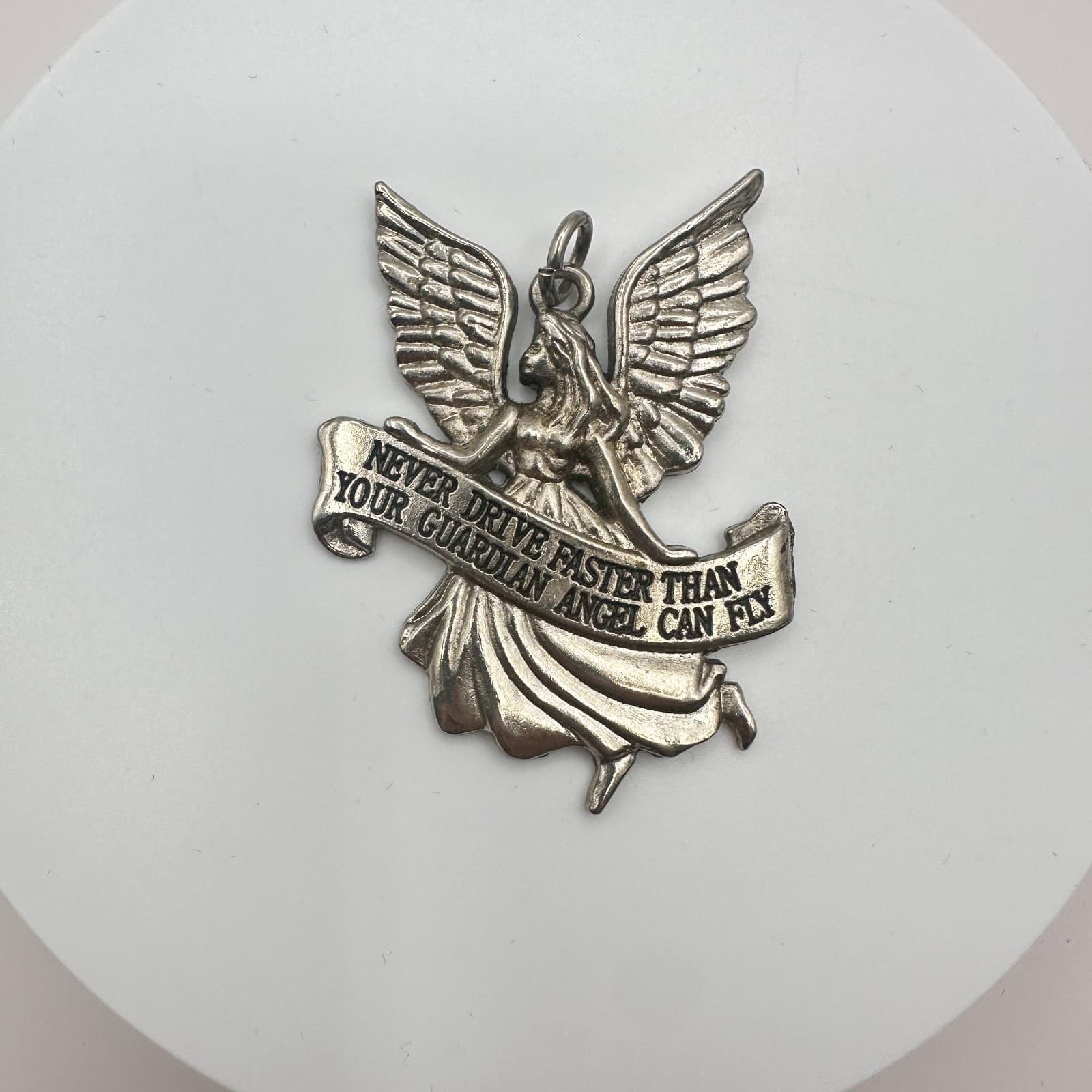 VTG 90s Silver Tone Pendant Never Drive Faster Than Your Guardian Angel Can Fly - Thumbnail 3