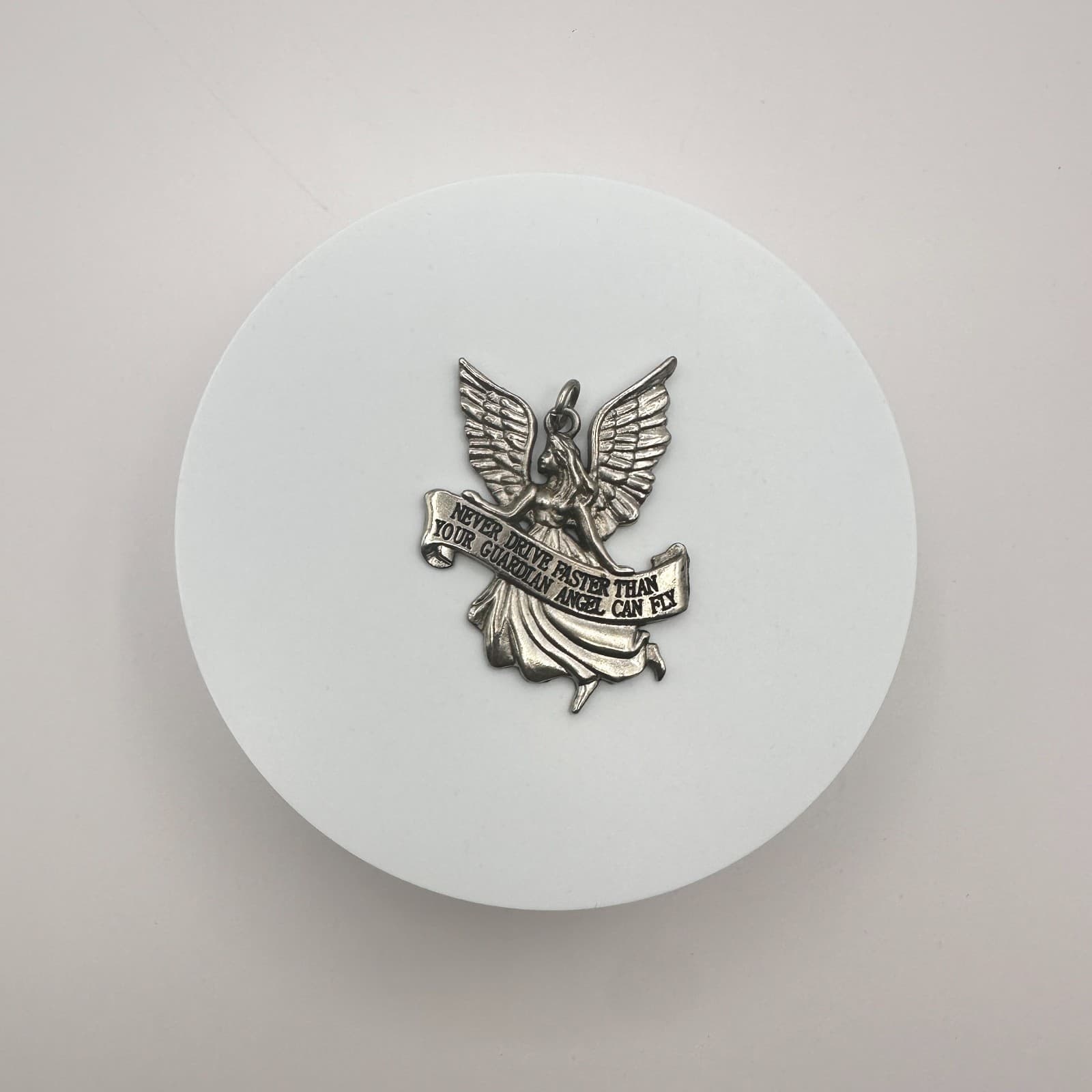 VTG 90s Silver Tone Pendant Never Drive Faster Than Your Guardian Angel Can Fly - Thumbnail 2
