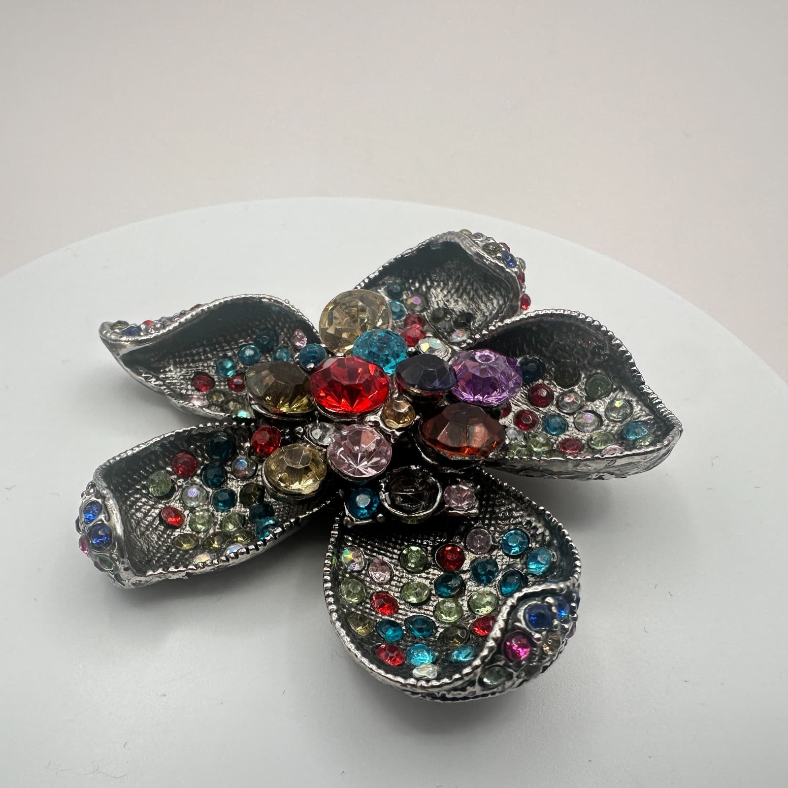 Vintage Y2K Silver Tone Rhinestone Floral Pendent Women's Classic Jewelry - Thumbnail 4
