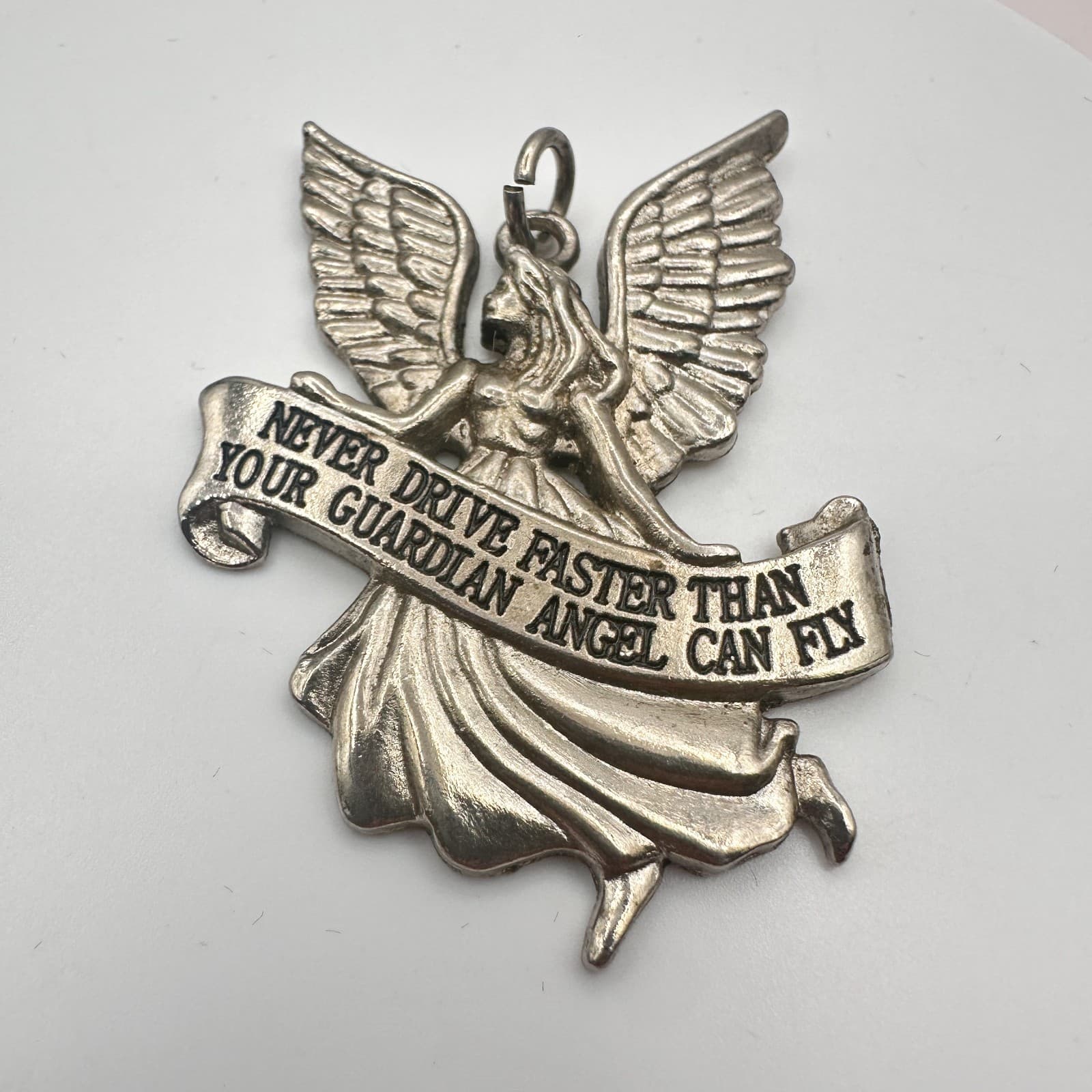 VTG 90s Silver Tone Pendant Never Drive Faster Than Your Guardian Angel Can Fly