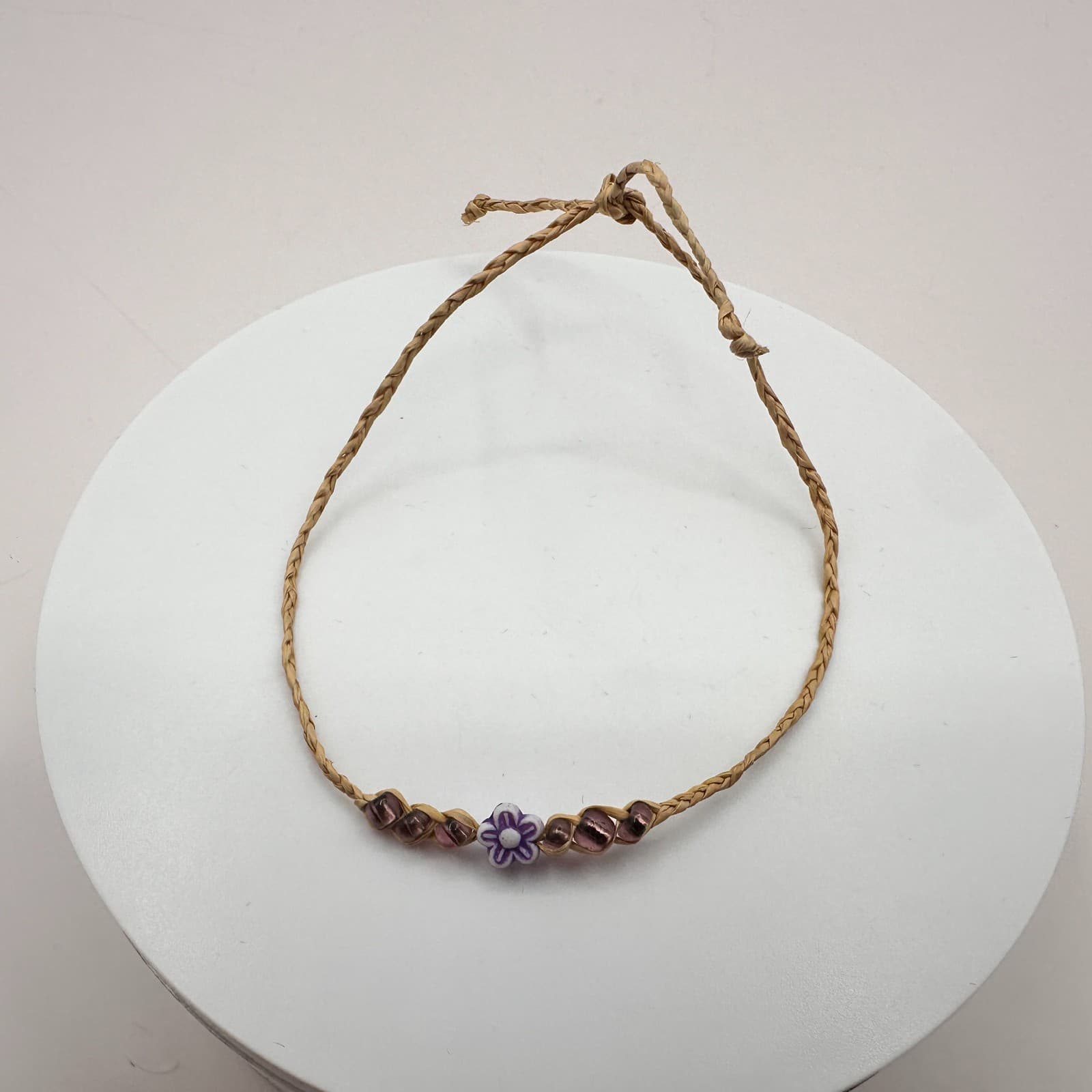 Vintage Y2K Purple Glass Beads Fimo Flower Charm Braided Bracelet Jewelry - Thumbnail 3