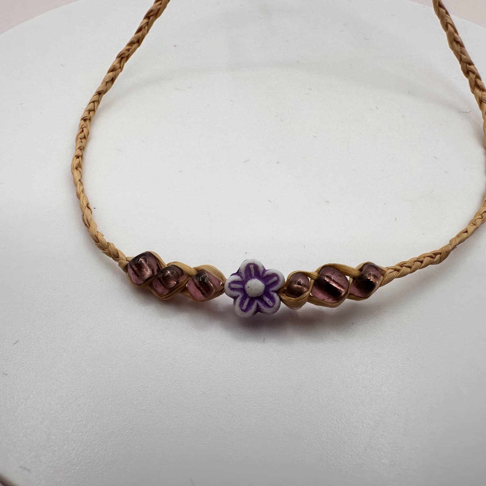 Vintage Y2K Purple Glass Beads Fimo Flower Charm Braided Bracelet Jewelry - Thumbnail 4
