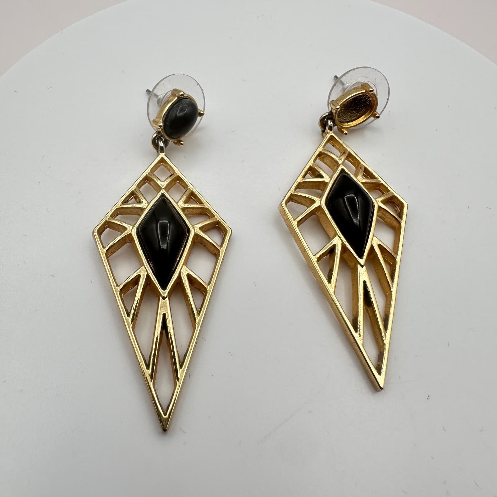 Vintage 90s Gold Tone Black Glass Geometric Diamond Drop Dangle Earrings Jewelry