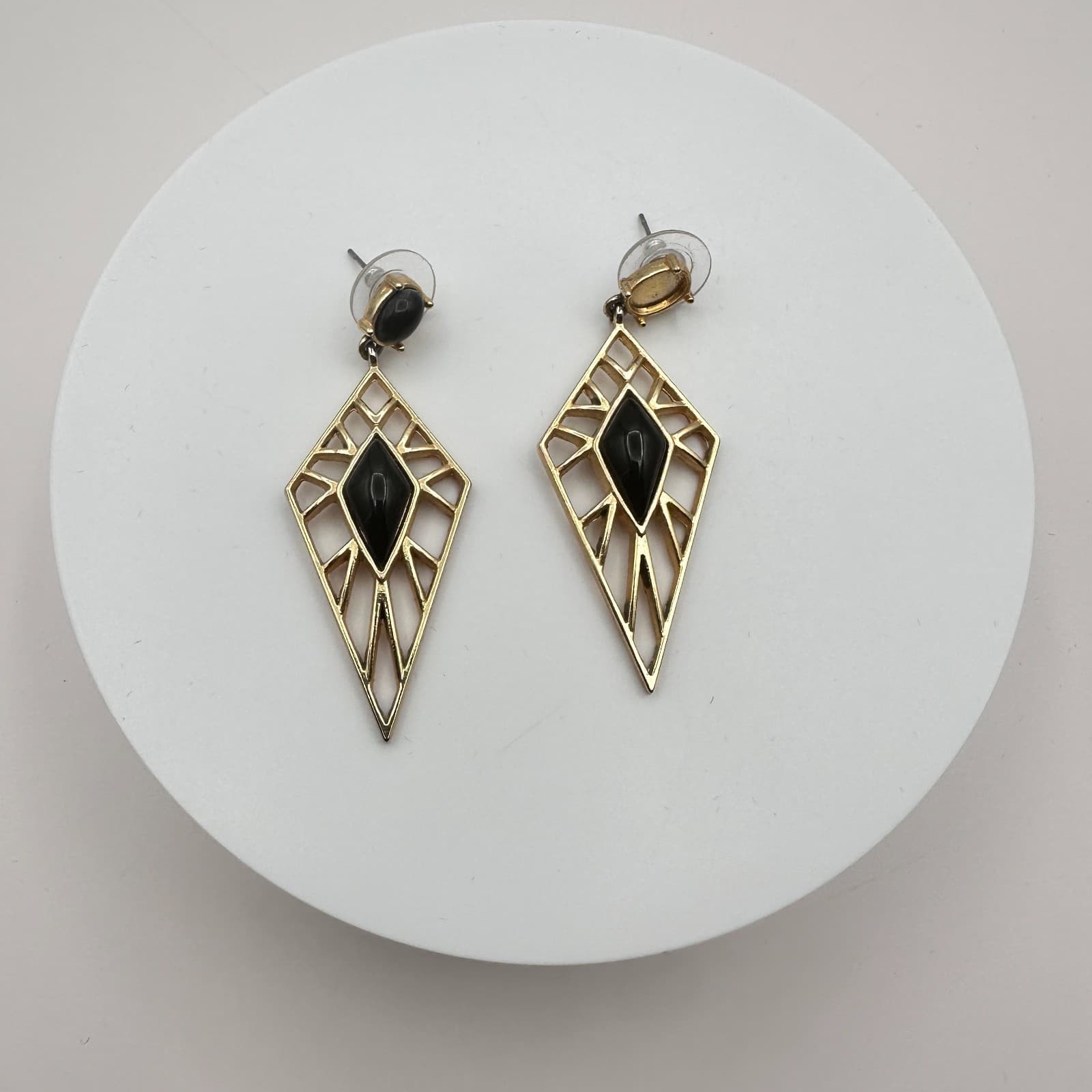 Vintage 90s Gold Tone Black Glass Geometric Diamond Drop Dangle Earrings Jewelry - Thumbnail 3