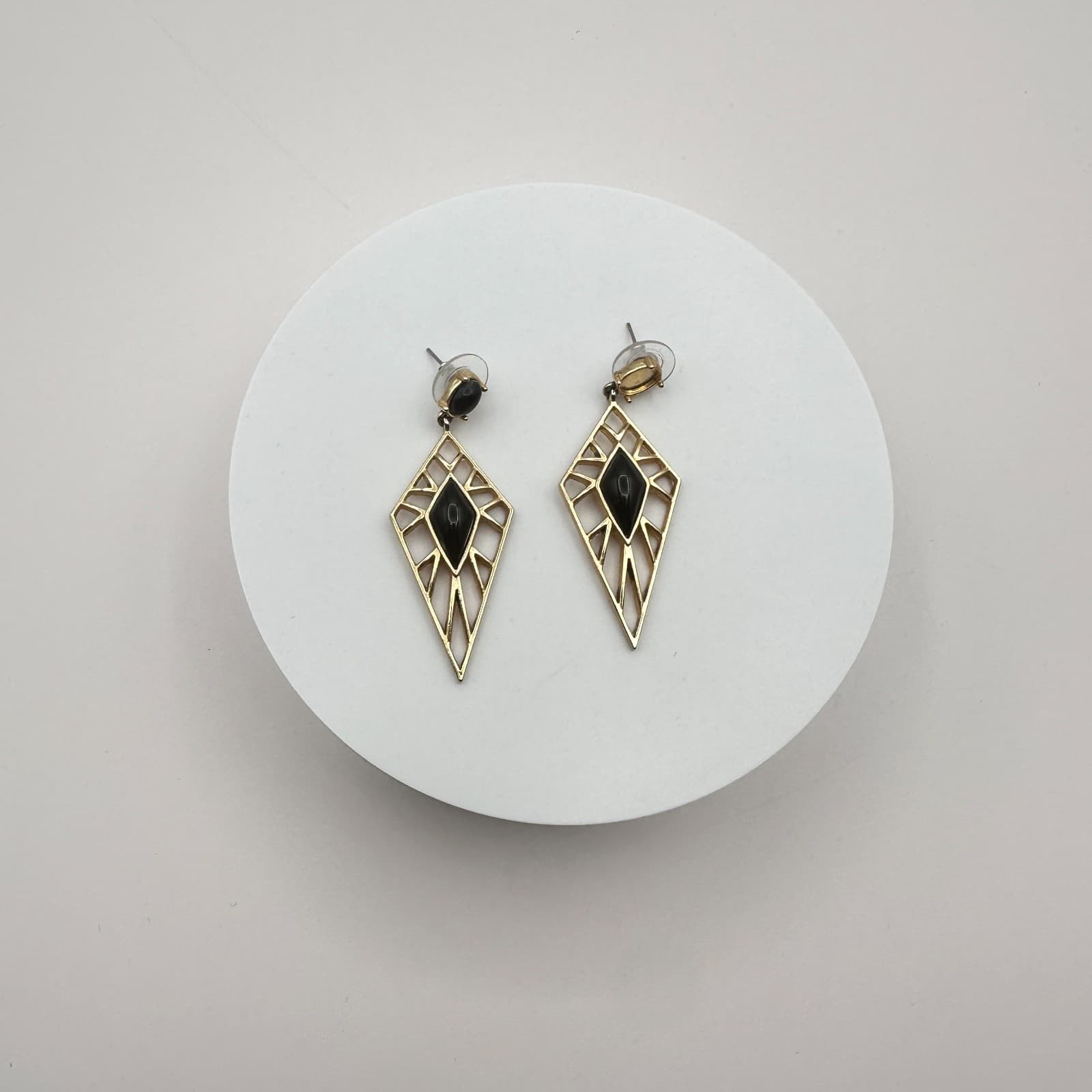 Vintage 90s Gold Tone Black Glass Geometric Diamond Drop Dangle Earrings Jewelry - Thumbnail 2