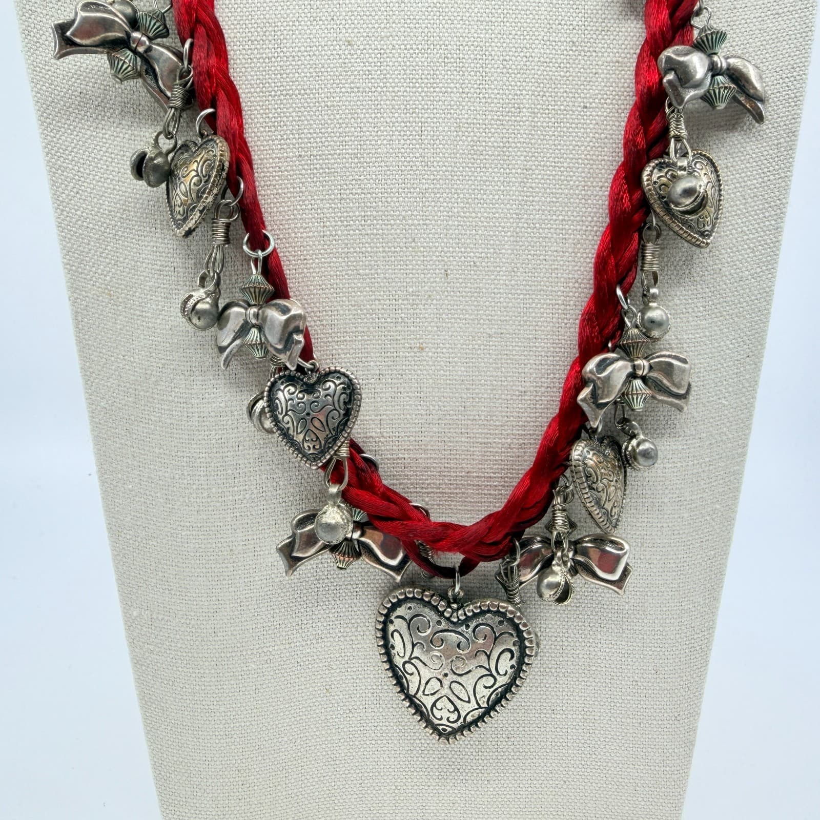 Vintage Red Cord Charm Necklace Silver Tone Heart Bow Pendants Statement Boho - Thumbnail 2