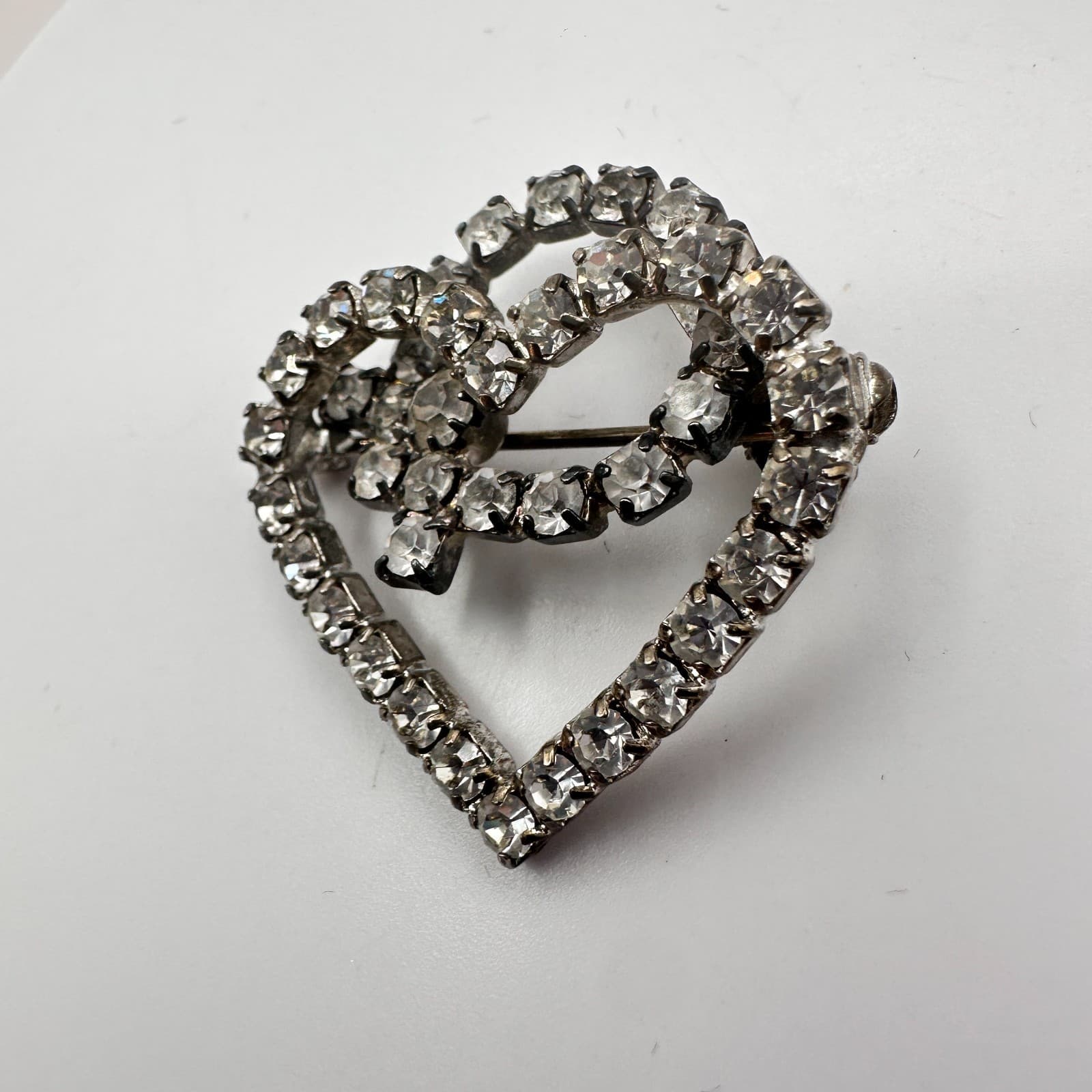 Vintage Y2K Double Heart Clear Rhinestone Brooch Pin Silver Tone Jewelry - Thumbnail 6