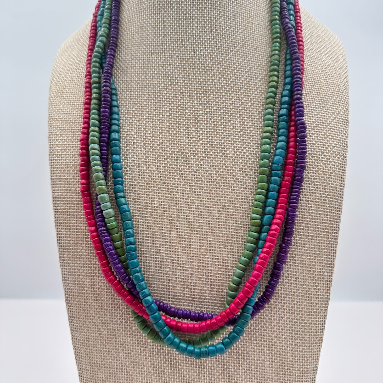 Vintage 60s Multi Strand Wooden Bead Statement Necklace Secure Hook Jewelry - Thumbnail 3