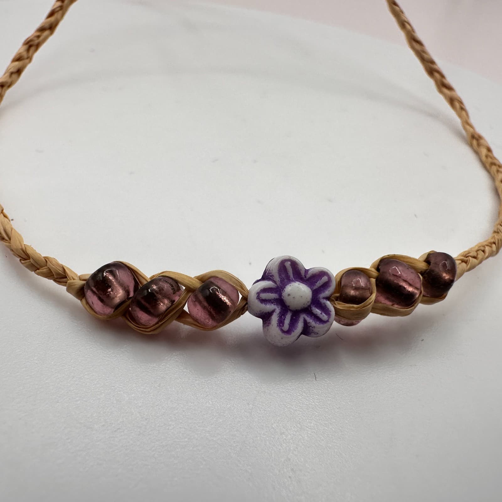 Vintage Y2K Purple Glass Beads Fimo Flower Charm Braided Bracelet Jewelry - Thumbnail 5