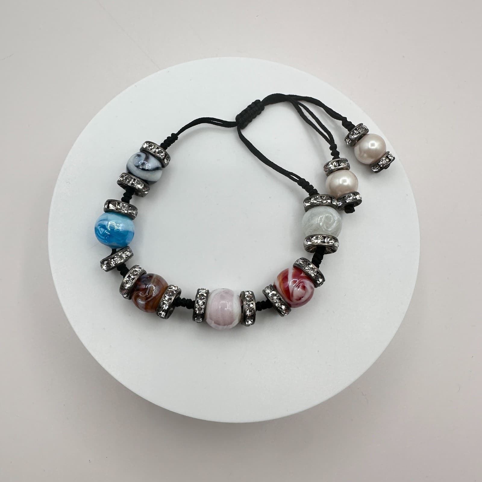 Vintage 90s Black Cord Glass Beaded Rhinestone Bracelet Silver Tone Jewelry - Thumbnail 2