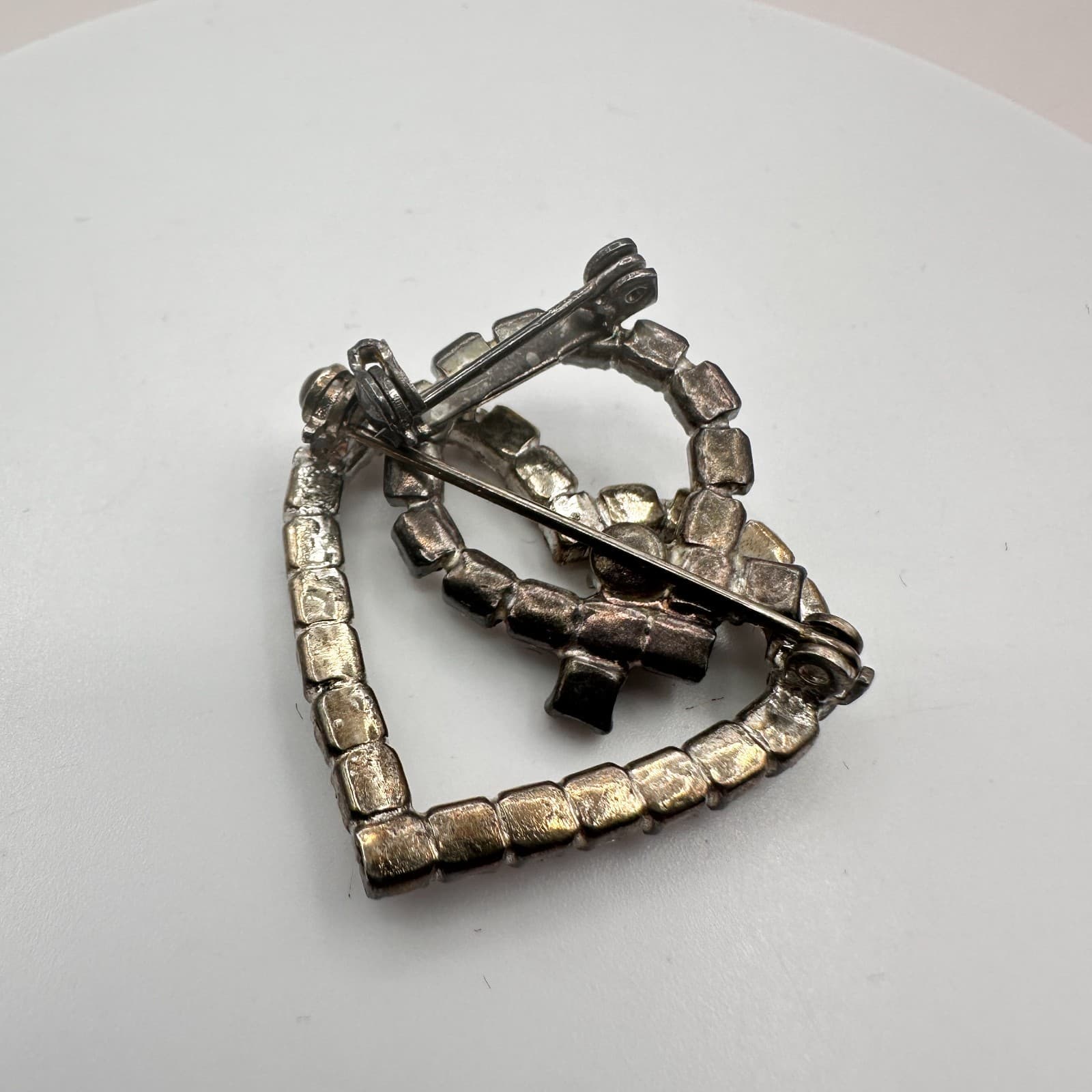 Vintage Y2K Double Heart Clear Rhinestone Brooch Pin Silver Tone Jewelry - Thumbnail 7