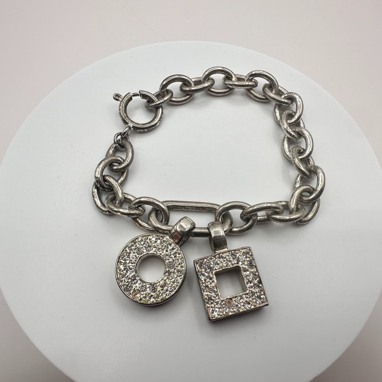 Vintage 90s SilverTone Geometric Charm Bracelet Clear Glass Boho Fashion Jewelry - Thumbnail 3