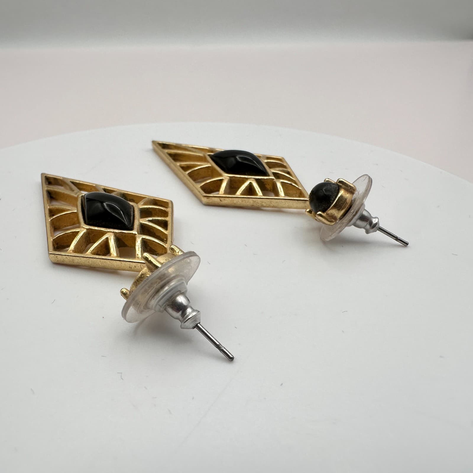 Vintage 90s Gold Tone Black Glass Geometric Diamond Drop Dangle Earrings Jewelry - Thumbnail 5