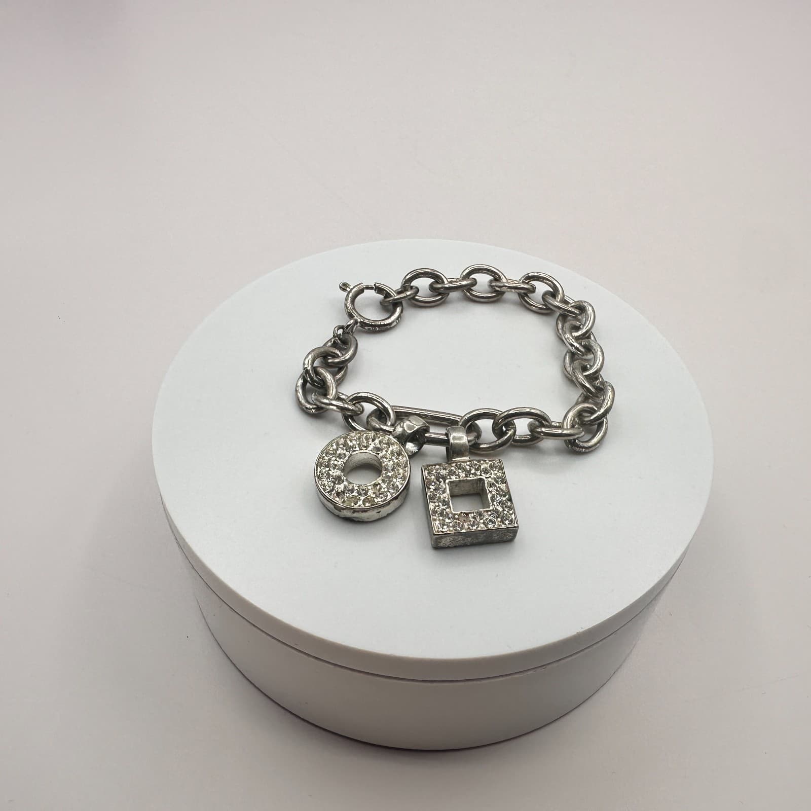 Vintage 90s SilverTone Geometric Charm Bracelet Clear Glass Boho Fashion Jewelry - Thumbnail 6