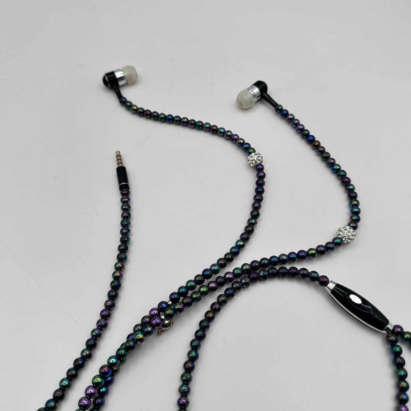 Vintage Y2K Black Iridescent Beaded Pearl Necklace Earphone 3.5mm In-Ear - Thumbnail 8