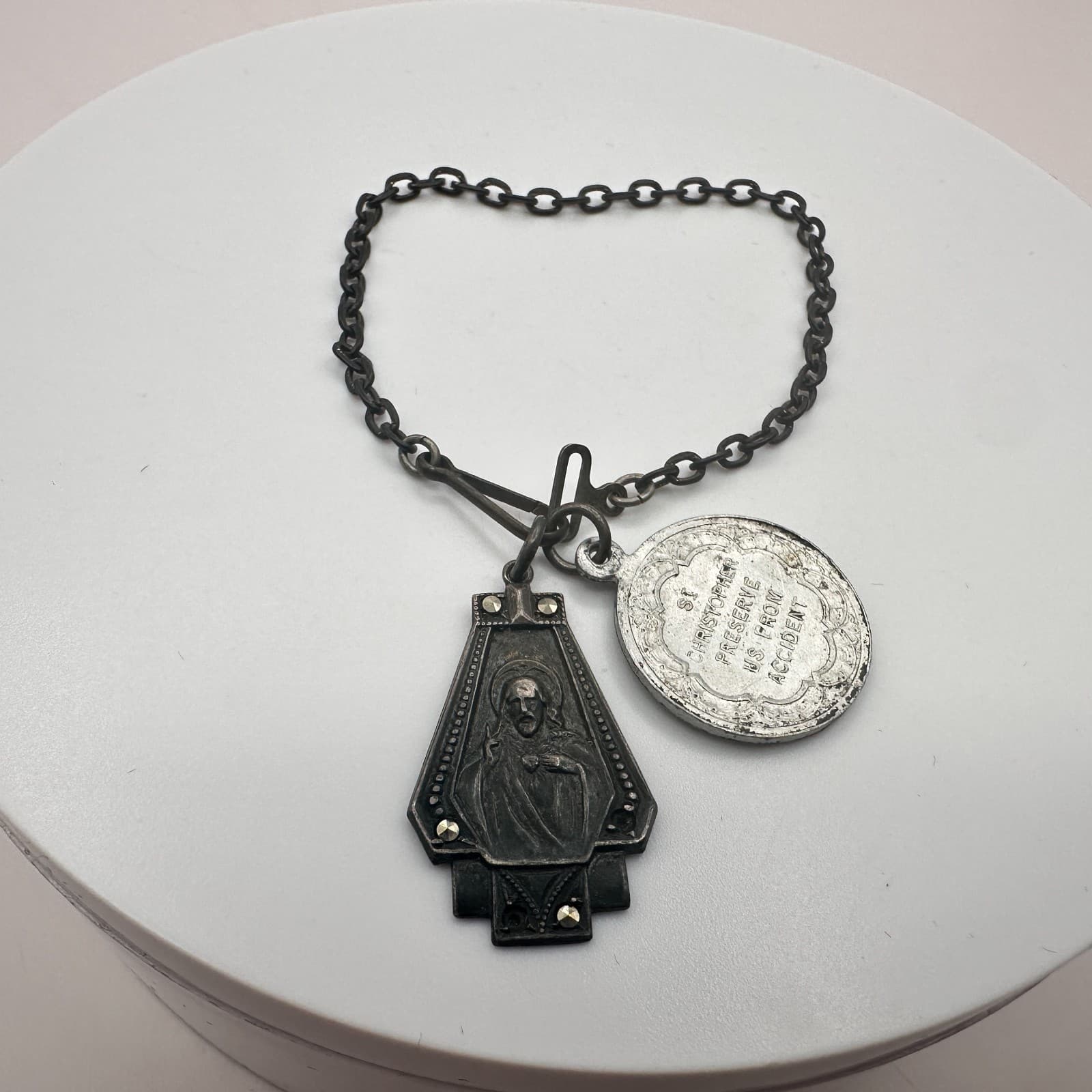 Vintage 90s St. Christopher Preserve Us From Accident Medal Charm Bracelet - Thumbnail 5