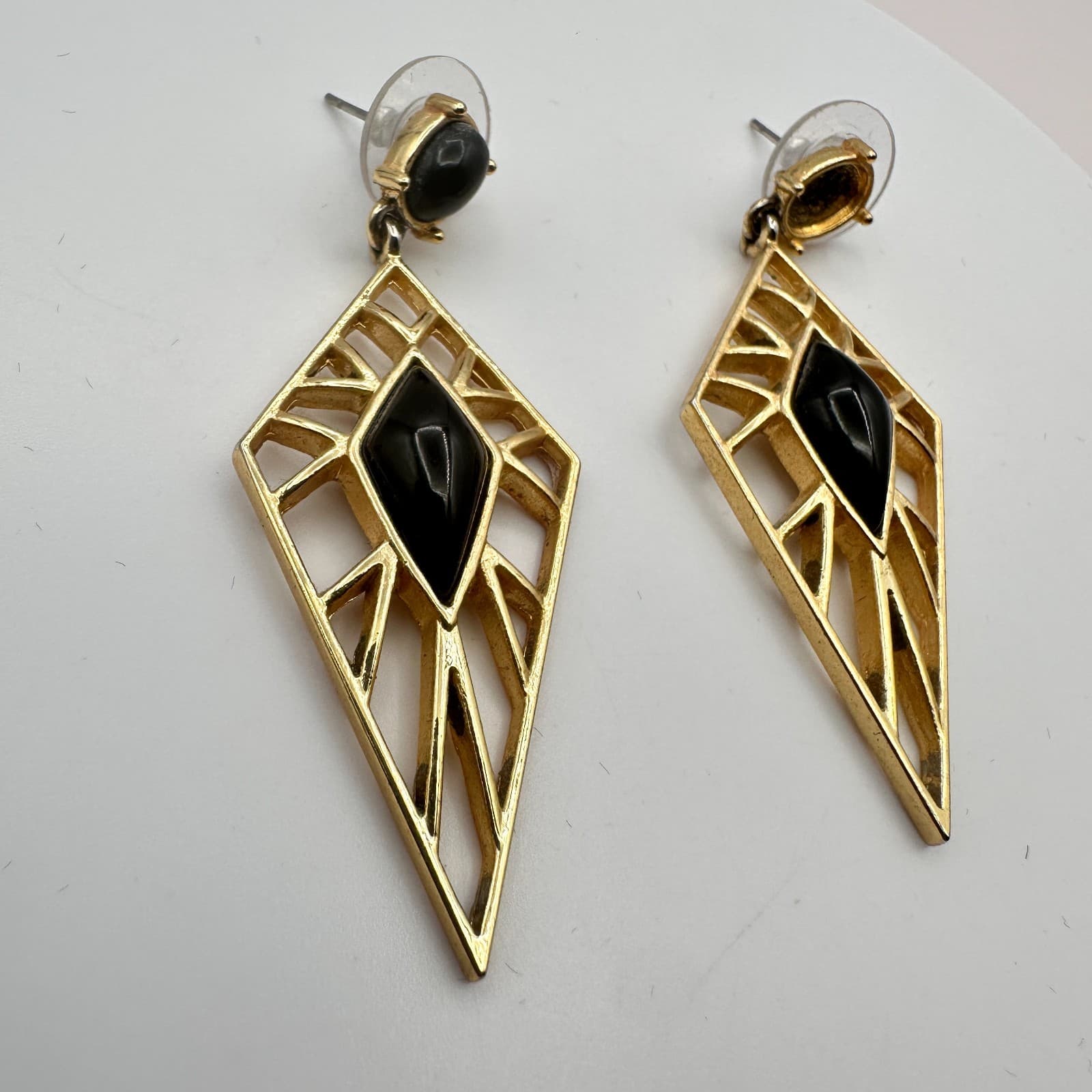 Vintage 90s Gold Tone Black Glass Geometric Diamond Drop Dangle Earrings Jewelry - Thumbnail 4