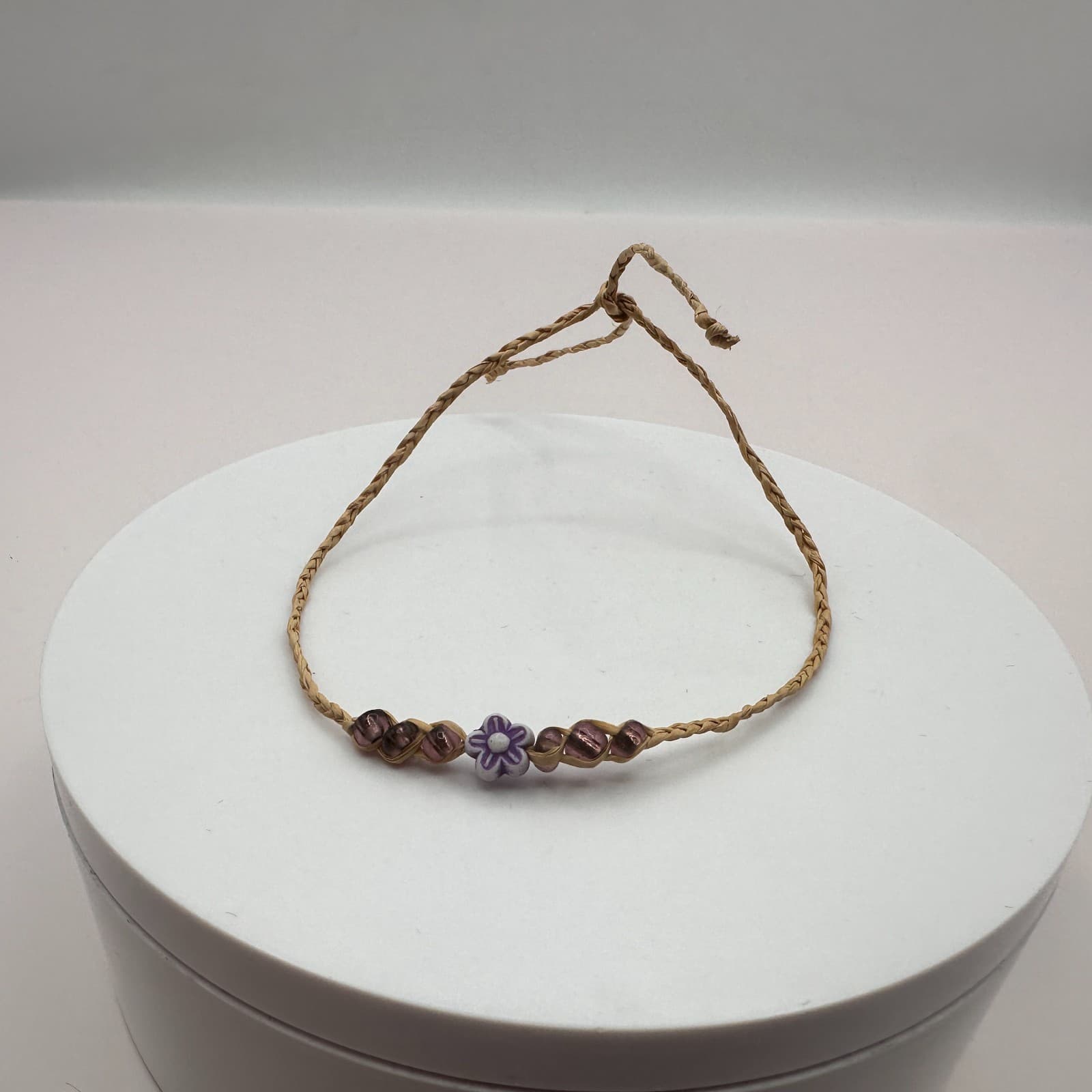 Vintage Y2K Purple Glass Beads Fimo Flower Charm Braided Bracelet Jewelry - Thumbnail 2