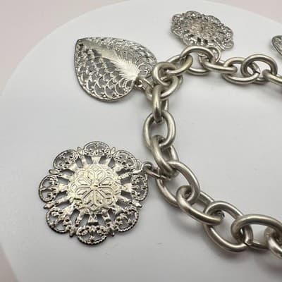 Vintage 90s Silver Tone Filigree Charm Bracelet Nature Leaf Floral Boho Jewelry - Thumbnail 3