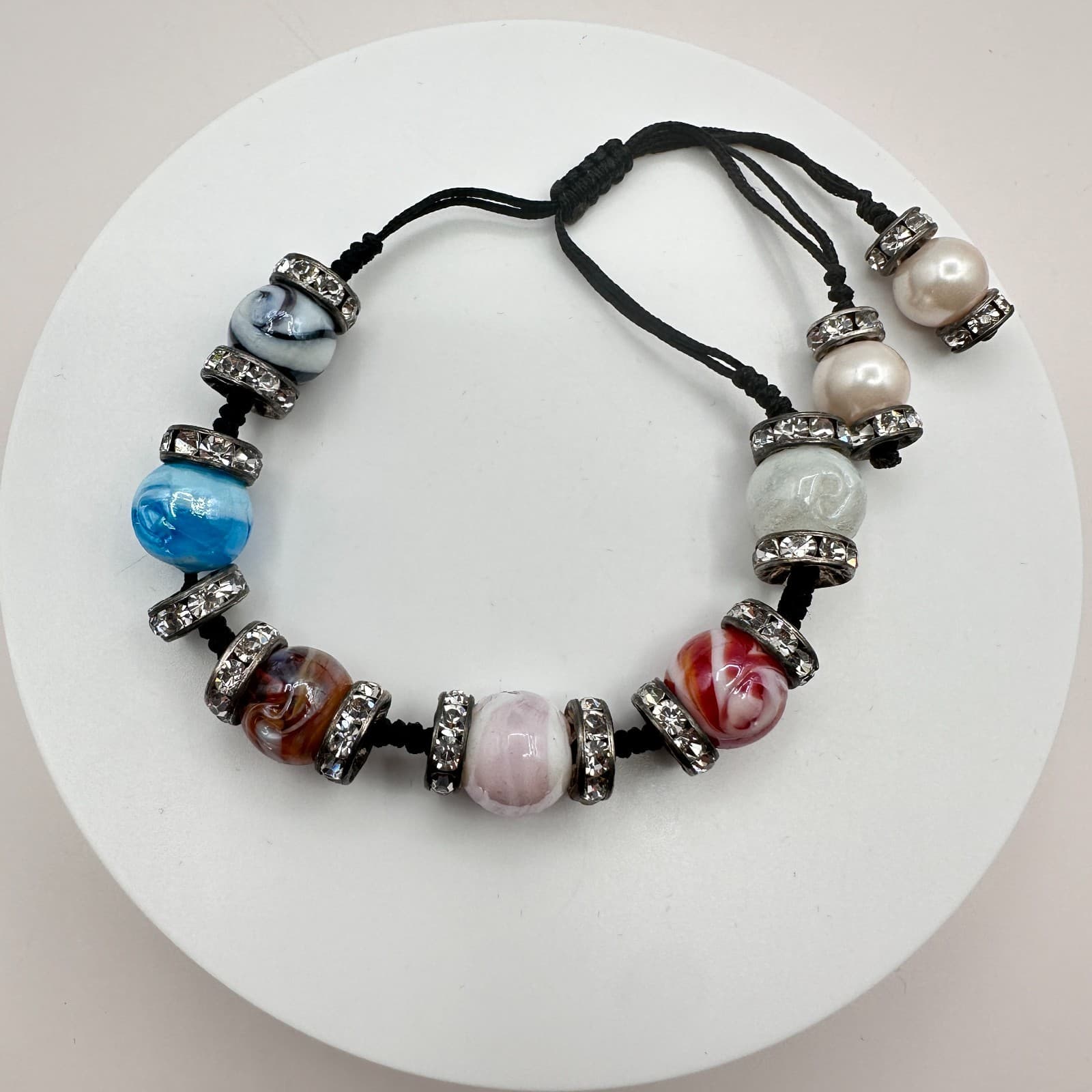 Vintage 90s Black Cord Glass Beaded Rhinestone Bracelet Silver Tone Jewelry - Thumbnail 3
