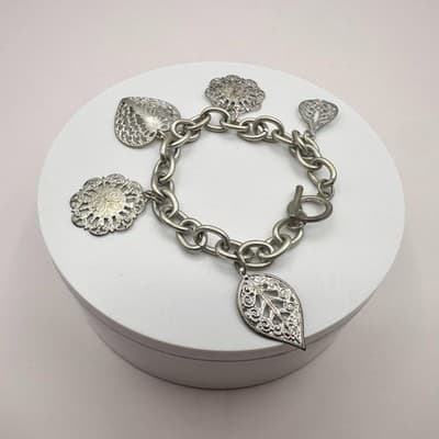 Vintage 90s Silver Tone Filigree Charm Bracelet Nature Leaf Floral Boho Jewelry - Thumbnail 6