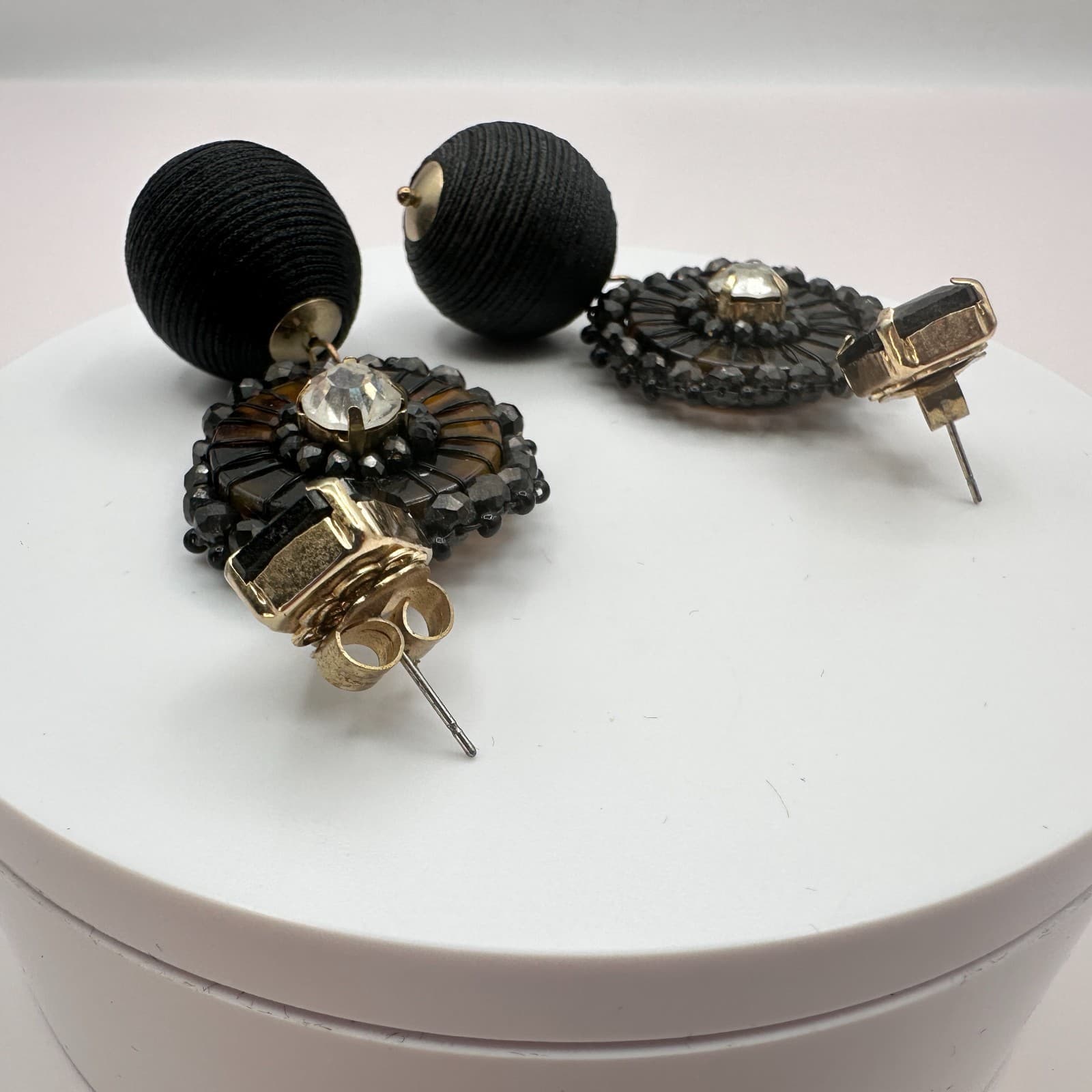 Vintage Y2K Rhinestone Black Cord Wrapped Ball Dangle Earrings Gold Tone Jewelry - Thumbnail 7