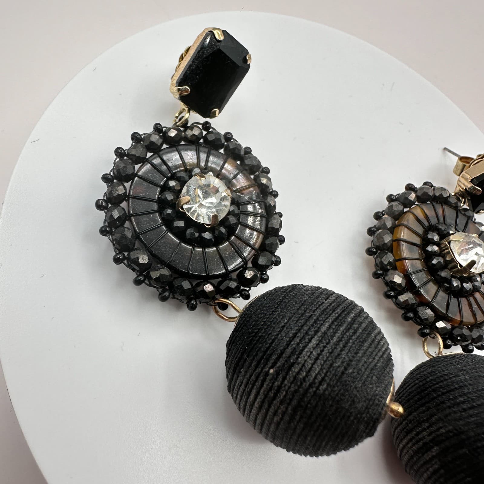 Vintage Y2K Rhinestone Black Cord Wrapped Ball Dangle Earrings Gold Tone Jewelry - Thumbnail 5