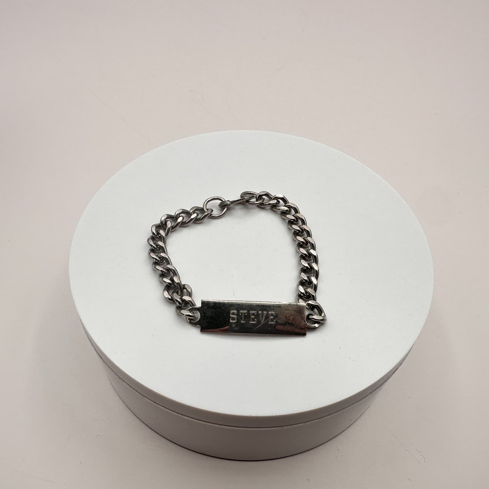 Vintage Y2K Curb Chain Steve Engraved ID Bracelet Silver Tone Jewelry - Thumbnail 5