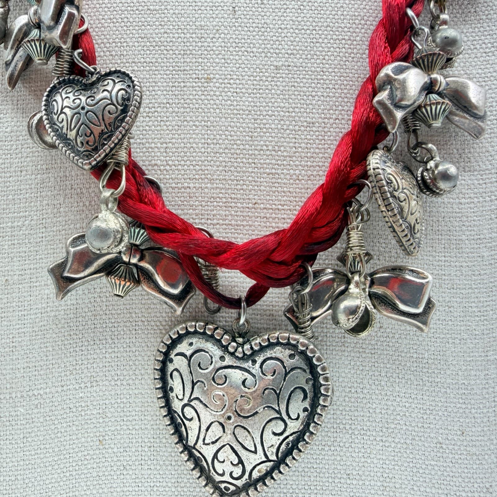 Vintage Red Cord Charm Necklace Silver Tone Heart Bow Pendants Statement Boho - Thumbnail 6