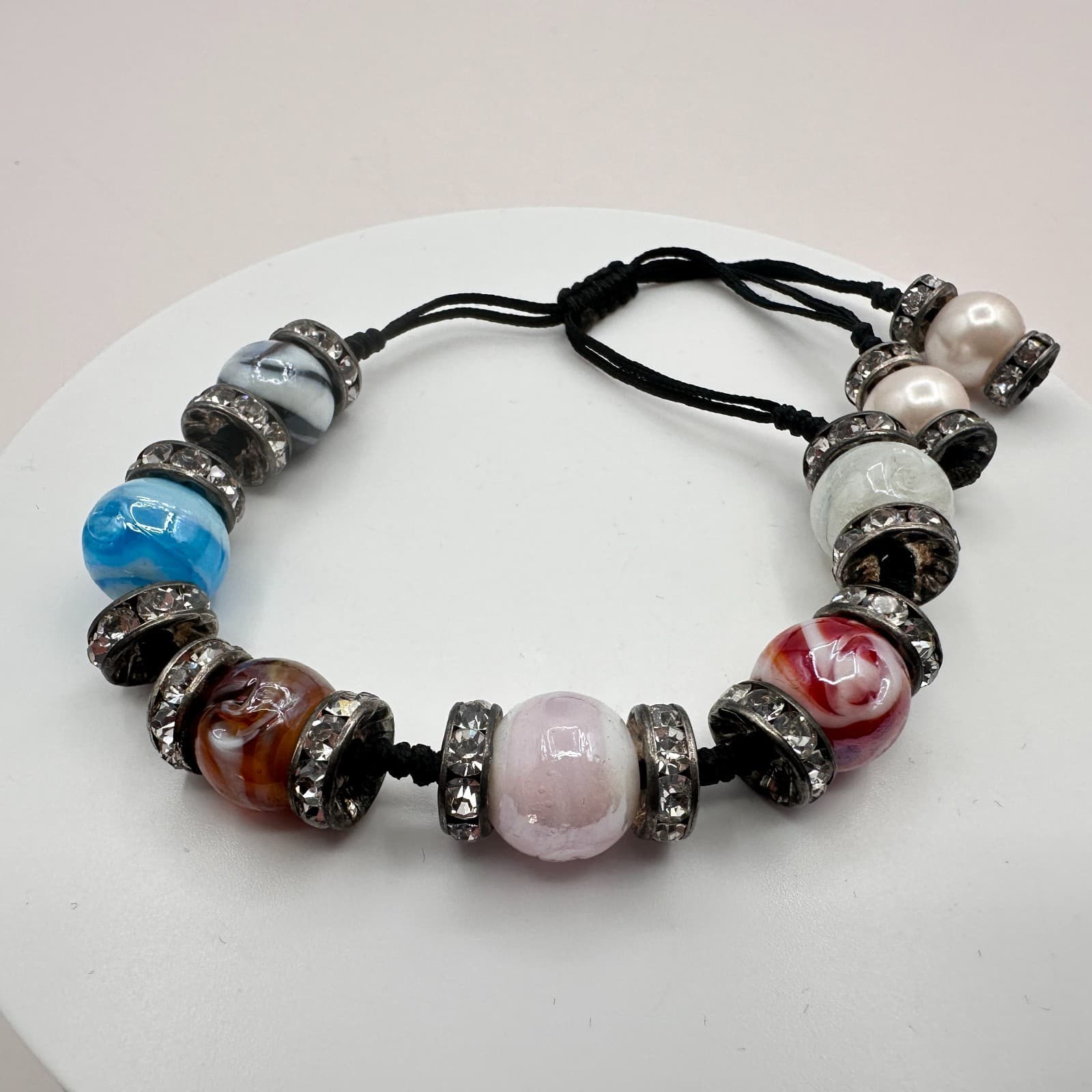Vintage 90s Black Cord Glass Beaded Rhinestone Bracelet Silver Tone Jewelry - Thumbnail 6