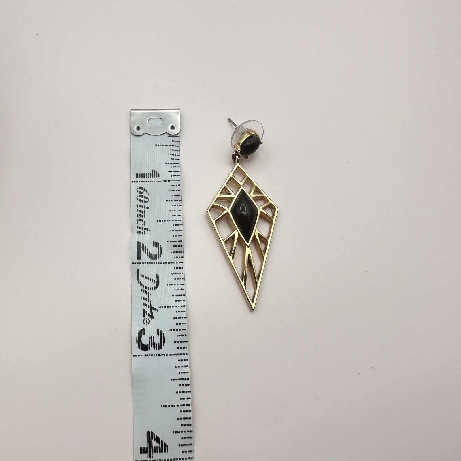 Vintage 90s Gold Tone Black Glass Geometric Diamond Drop Dangle Earrings Jewelry - Thumbnail 6