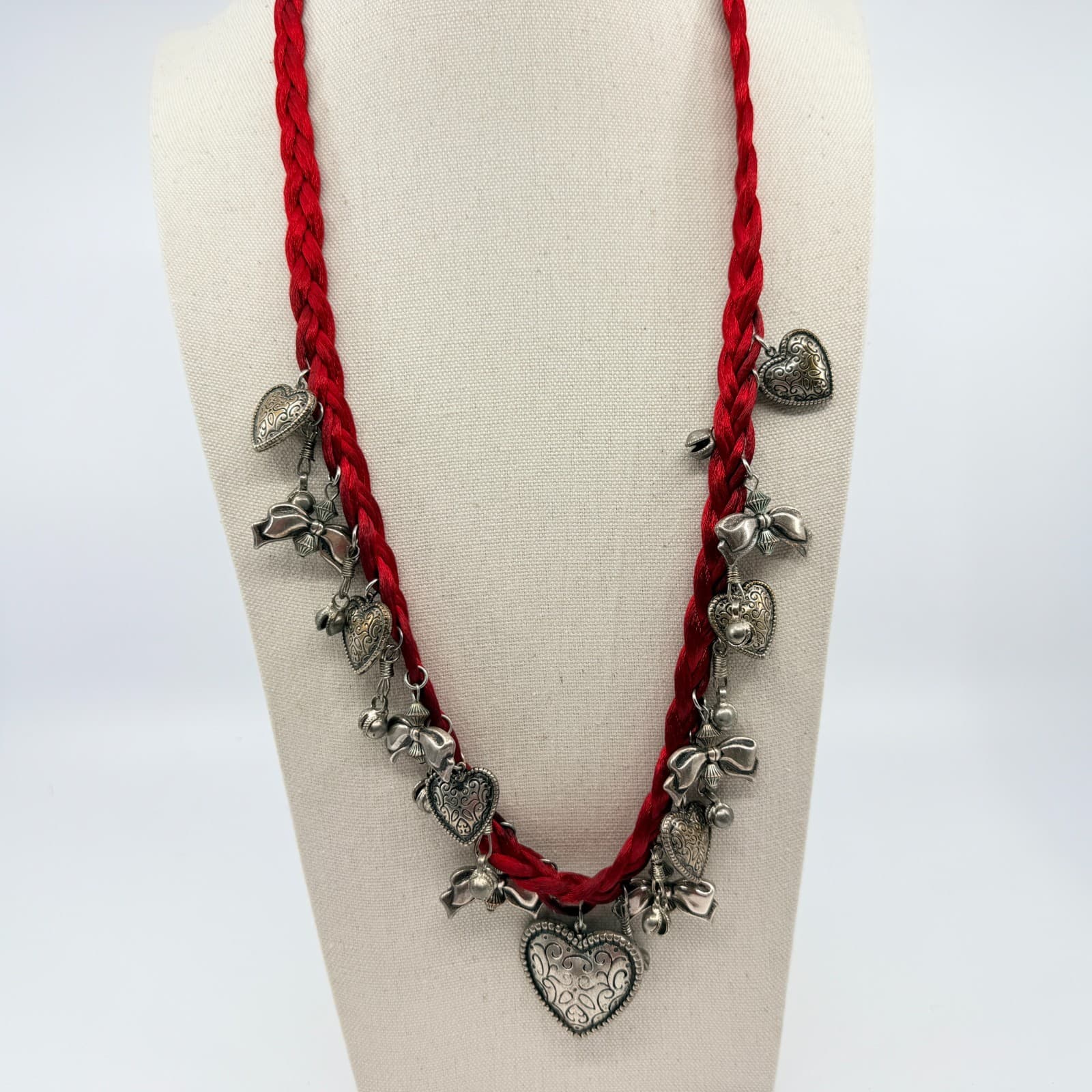 Vintage Red Cord Charm Necklace Silver Tone Heart Bow Pendants Statement Boho - Thumbnail 5