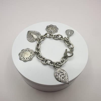 Vintage 90s Silver Tone Filigree Charm Bracelet Nature Leaf Floral Boho Jewelry - Thumbnail 2