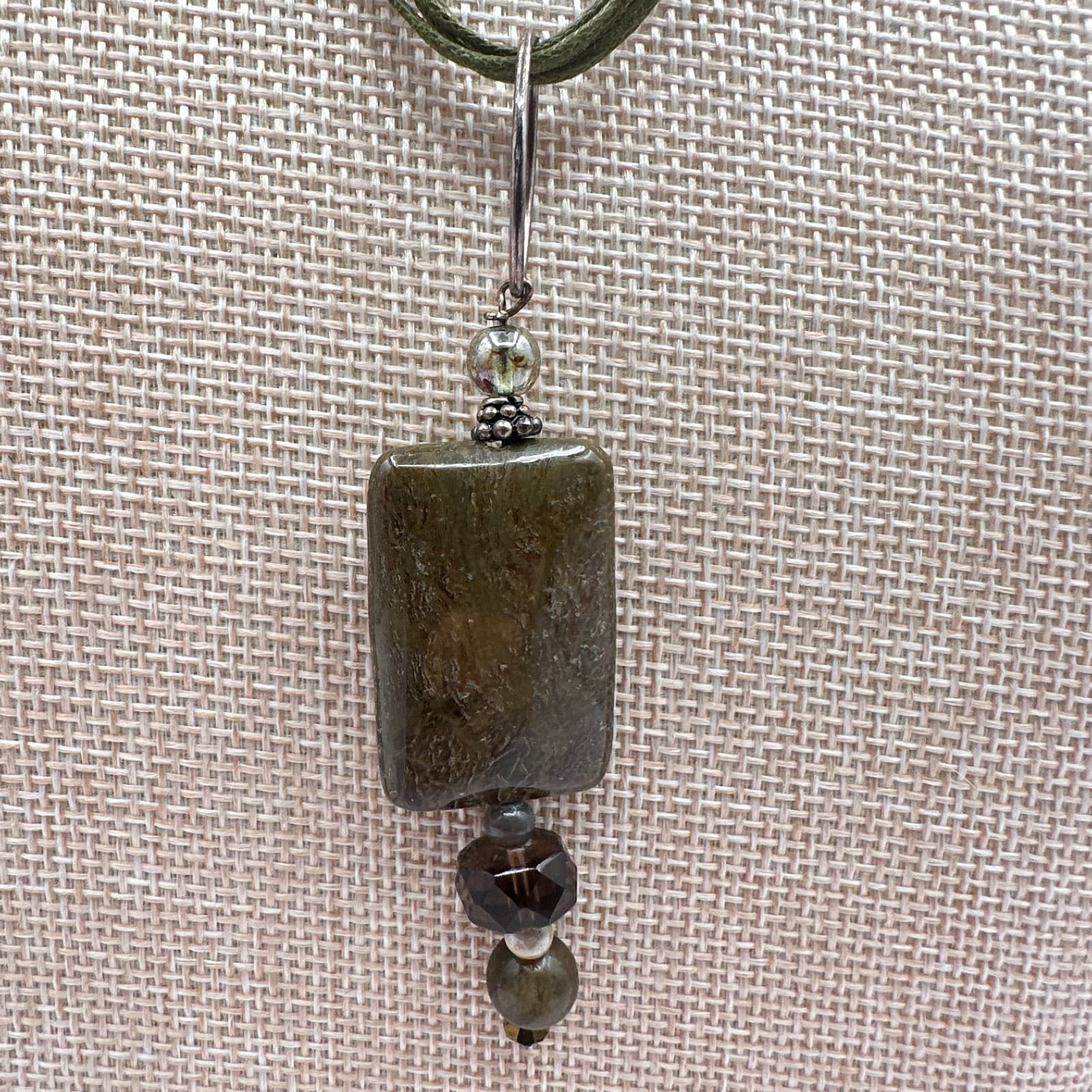 Vintage Y2K Multi Strand Cord Glass Stone Pendant Necklace Silver Tone Jewelry - Thumbnail 2