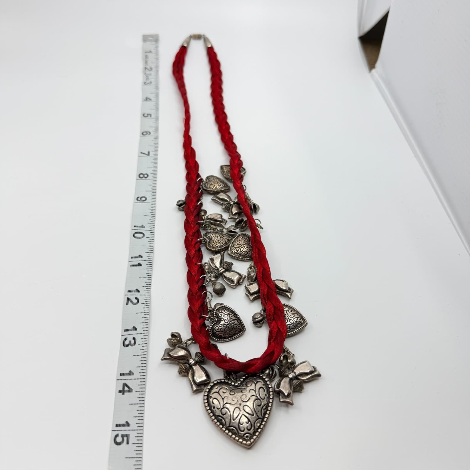 Vintage Red Cord Charm Necklace Silver Tone Heart Bow Pendants Statement Boho - Thumbnail 9