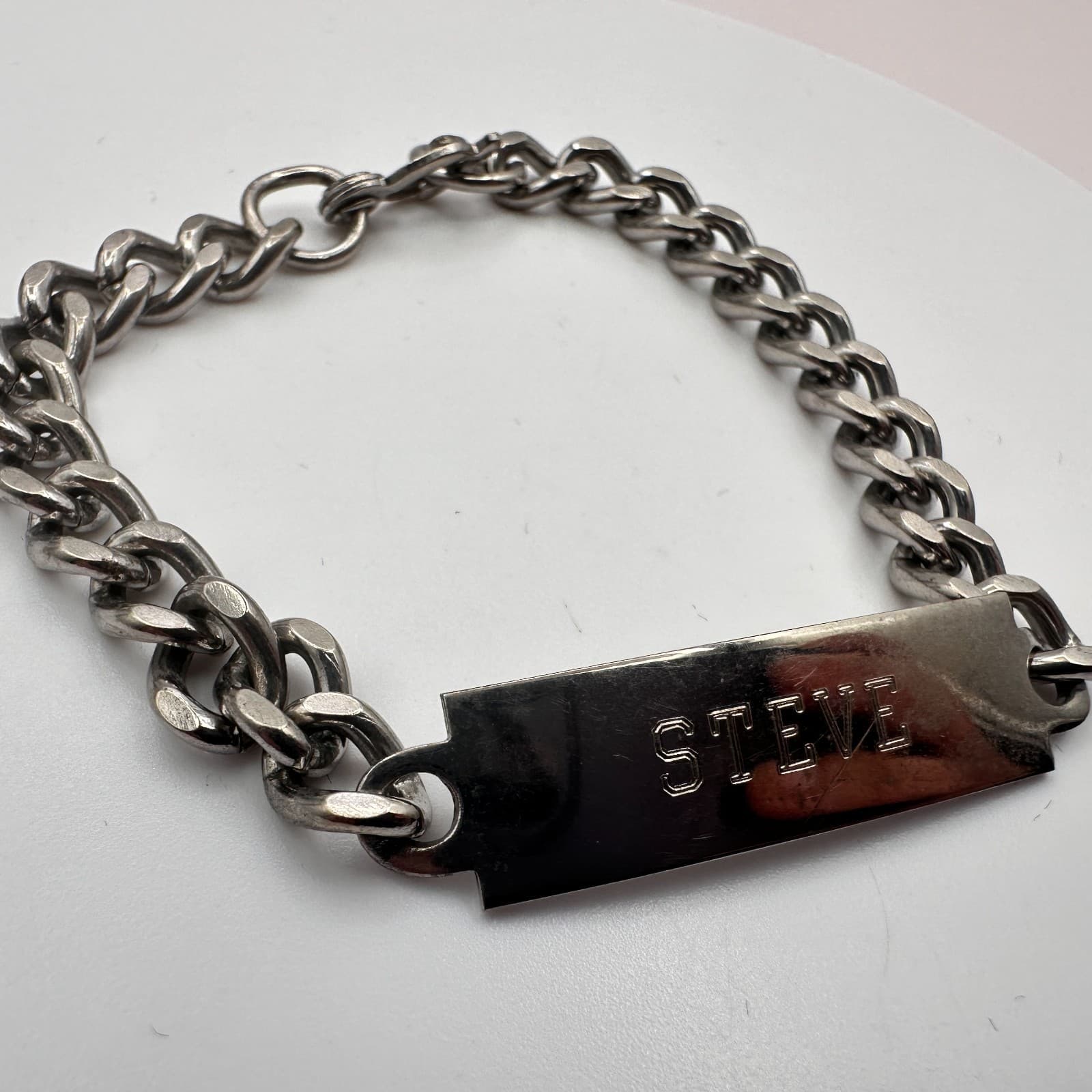 Vintage Y2K Curb Chain Steve Engraved ID Bracelet Silver Tone Jewelry - Thumbnail 3