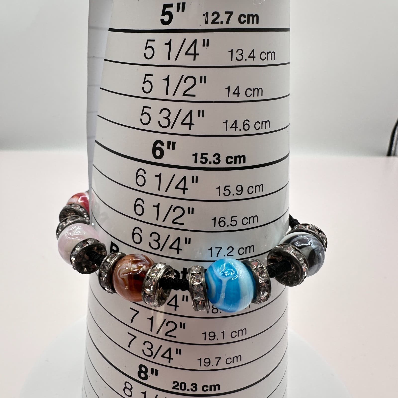 Vintage 90s Black Cord Glass Beaded Rhinestone Bracelet Silver Tone Jewelry - Thumbnail 9