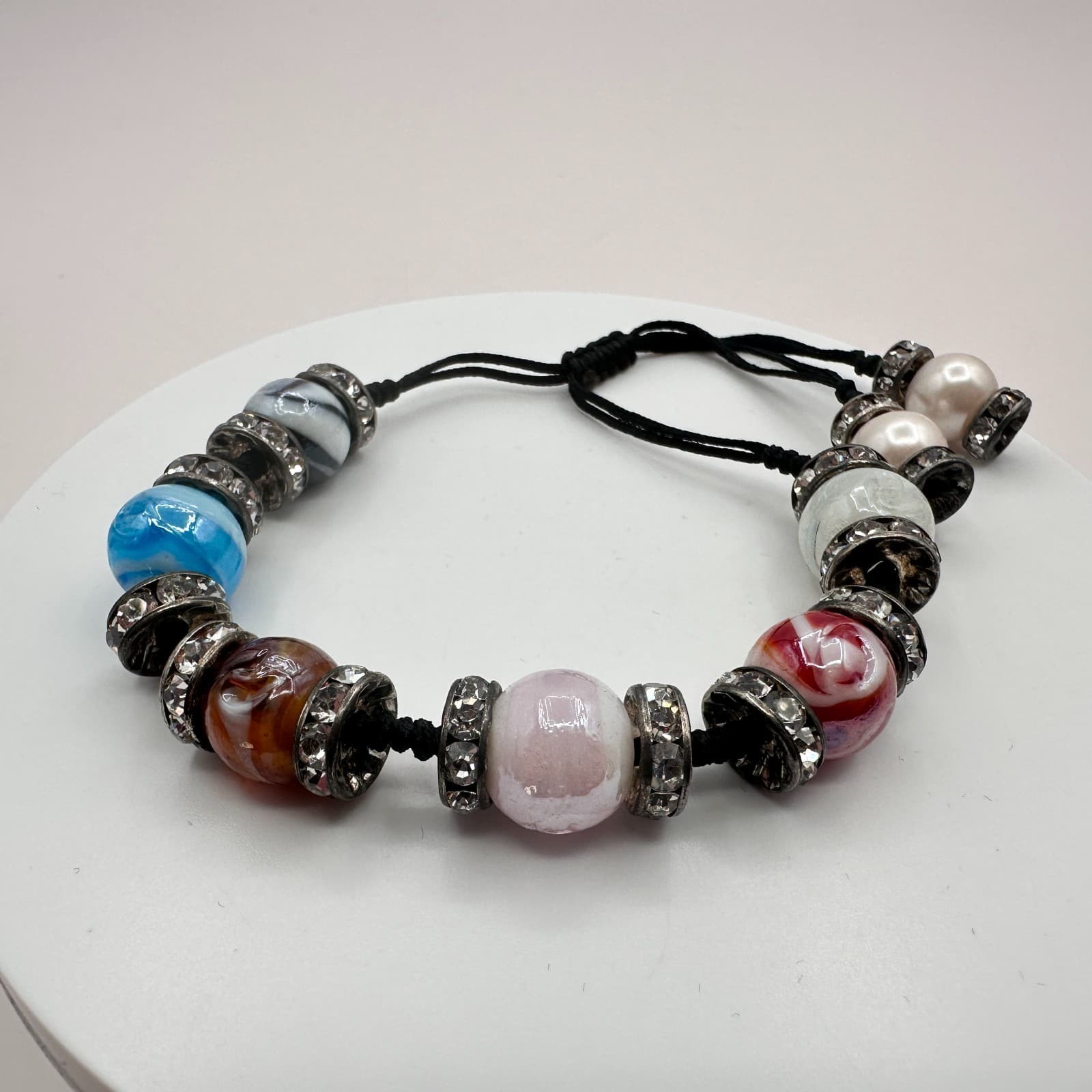 Vintage 90s Black Cord Glass Beaded Rhinestone Bracelet Silver Tone Jewelry - Thumbnail 8