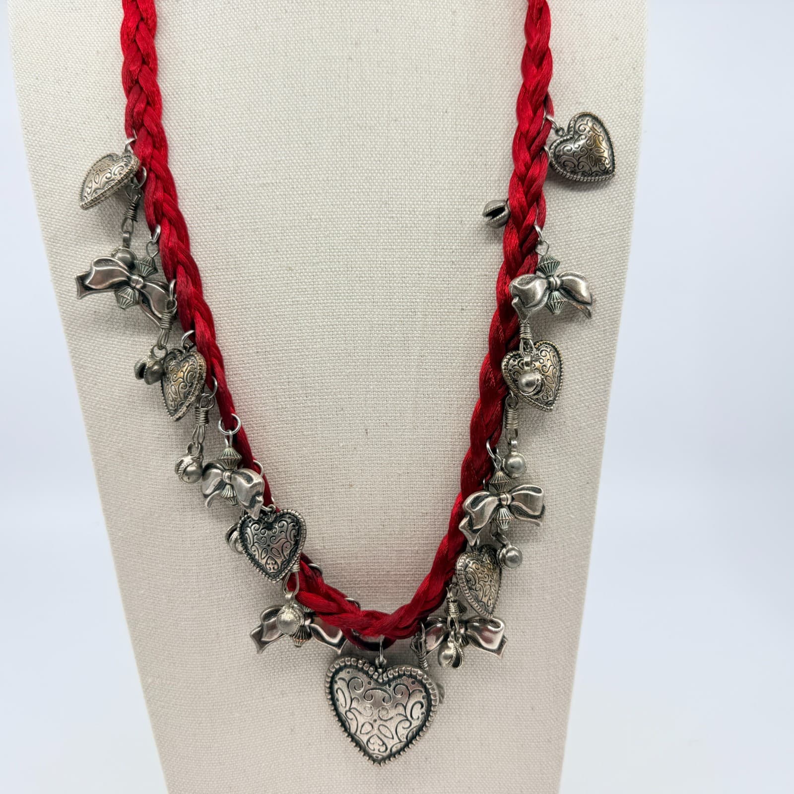 Vintage Red Cord Charm Necklace Silver Tone Heart Bow Pendants Statement Boho - Thumbnail 4